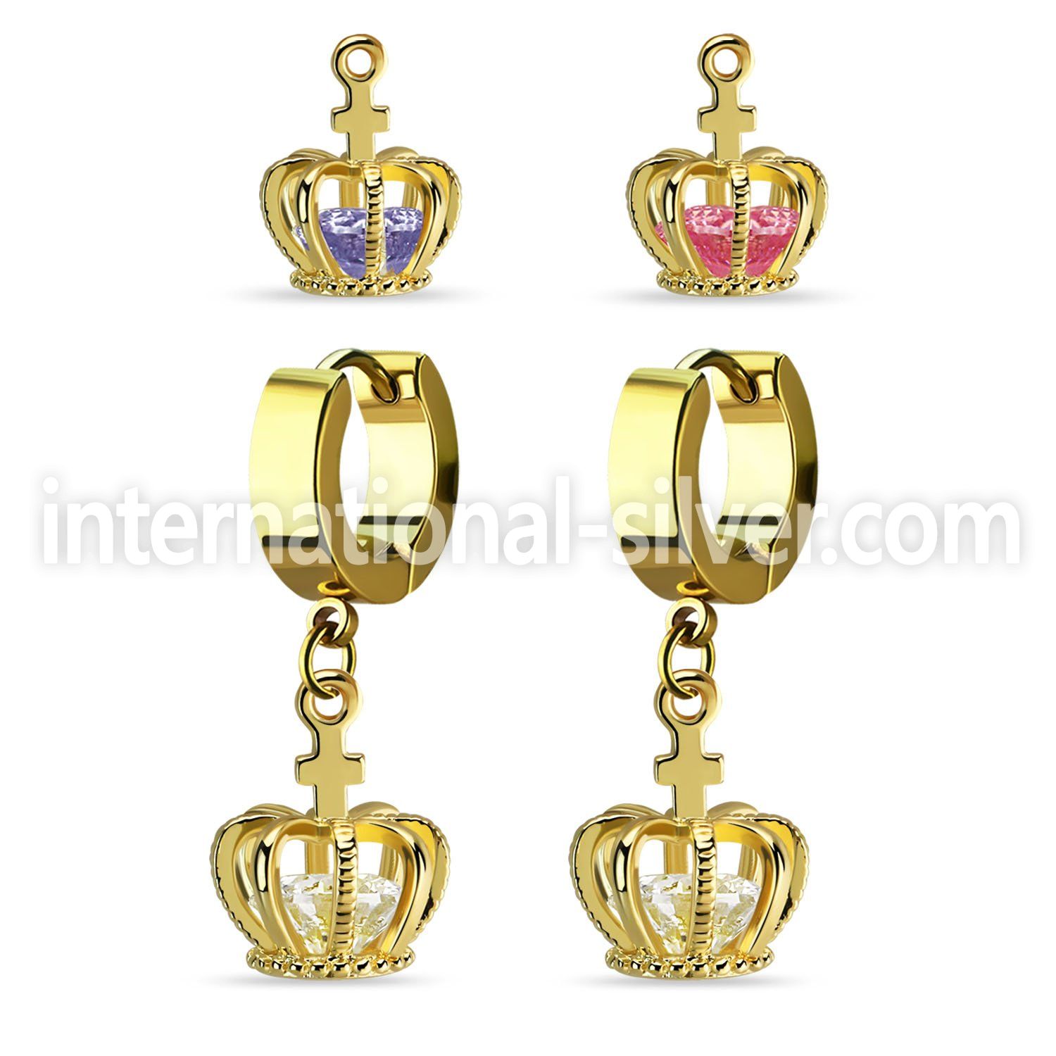 ergz590 gold plated stainless steel huggie w dangling crown w cz