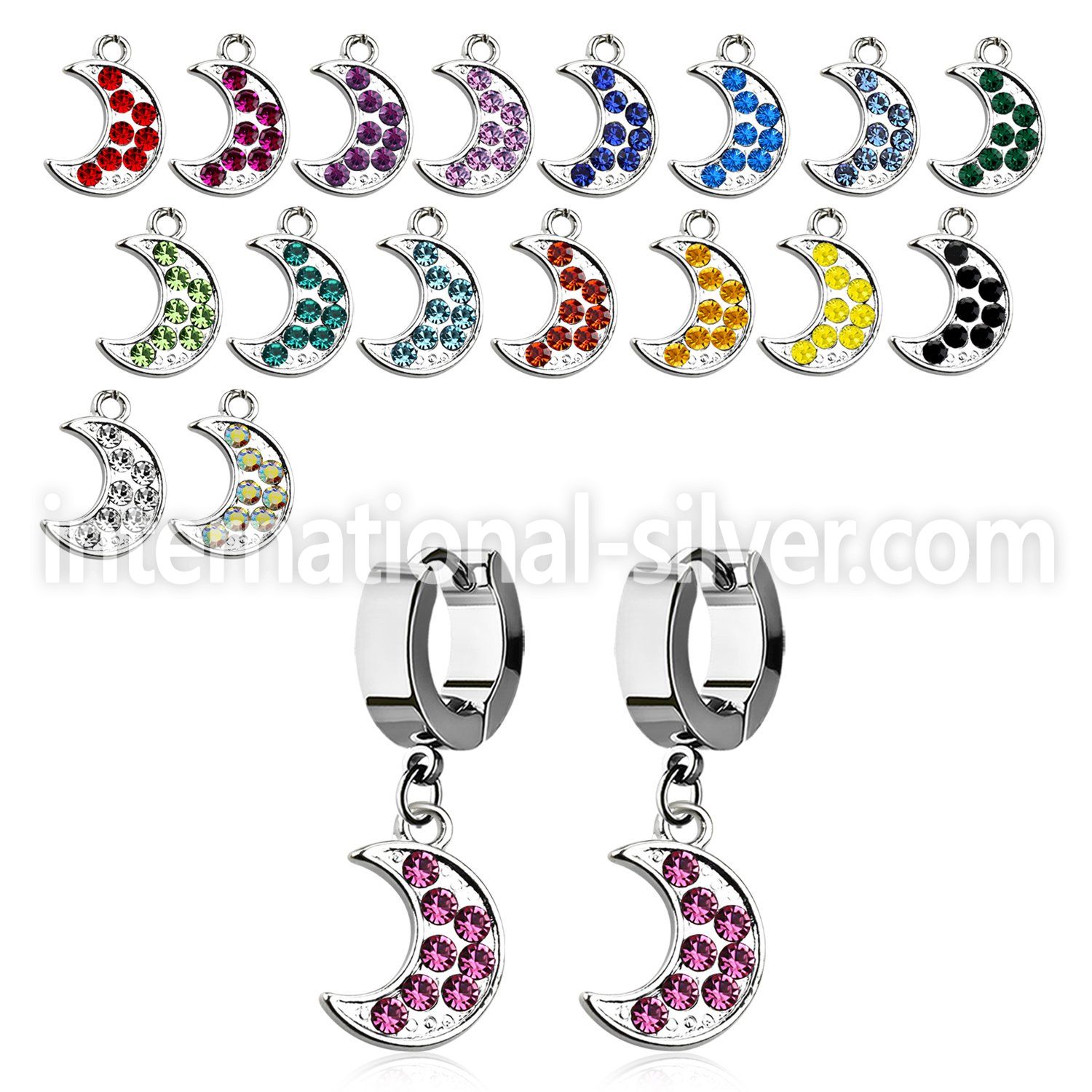 erh401 steel huggies earrings w dangling moon w crystals