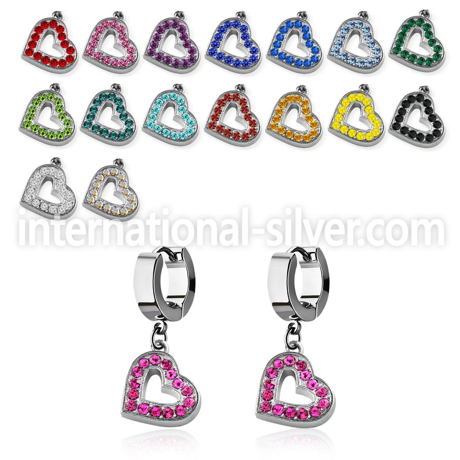 erh402 steel huggies earrings w dangling crystal studded heart