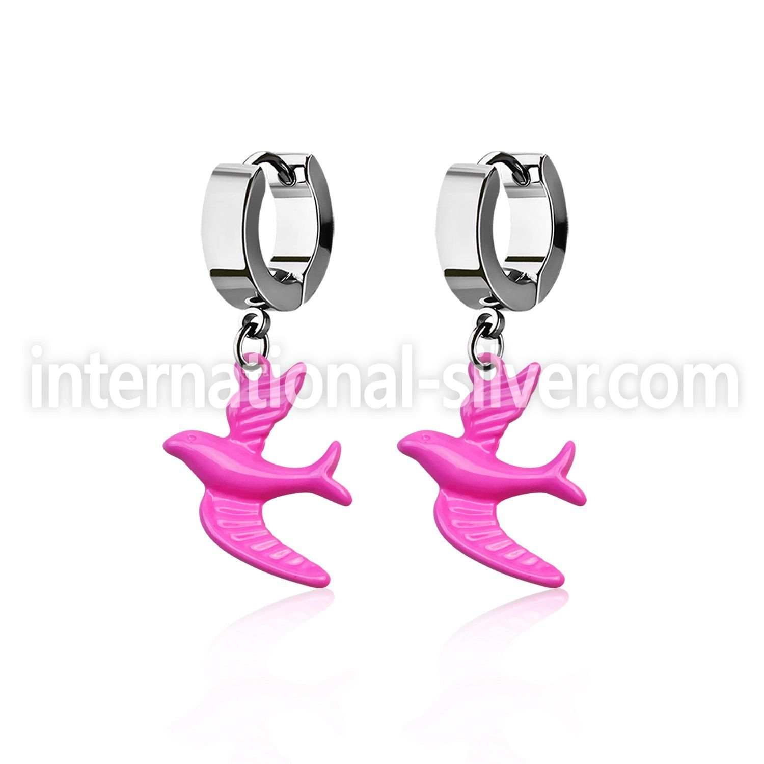 erh454 steel huggies earrings w dangling pink color bird