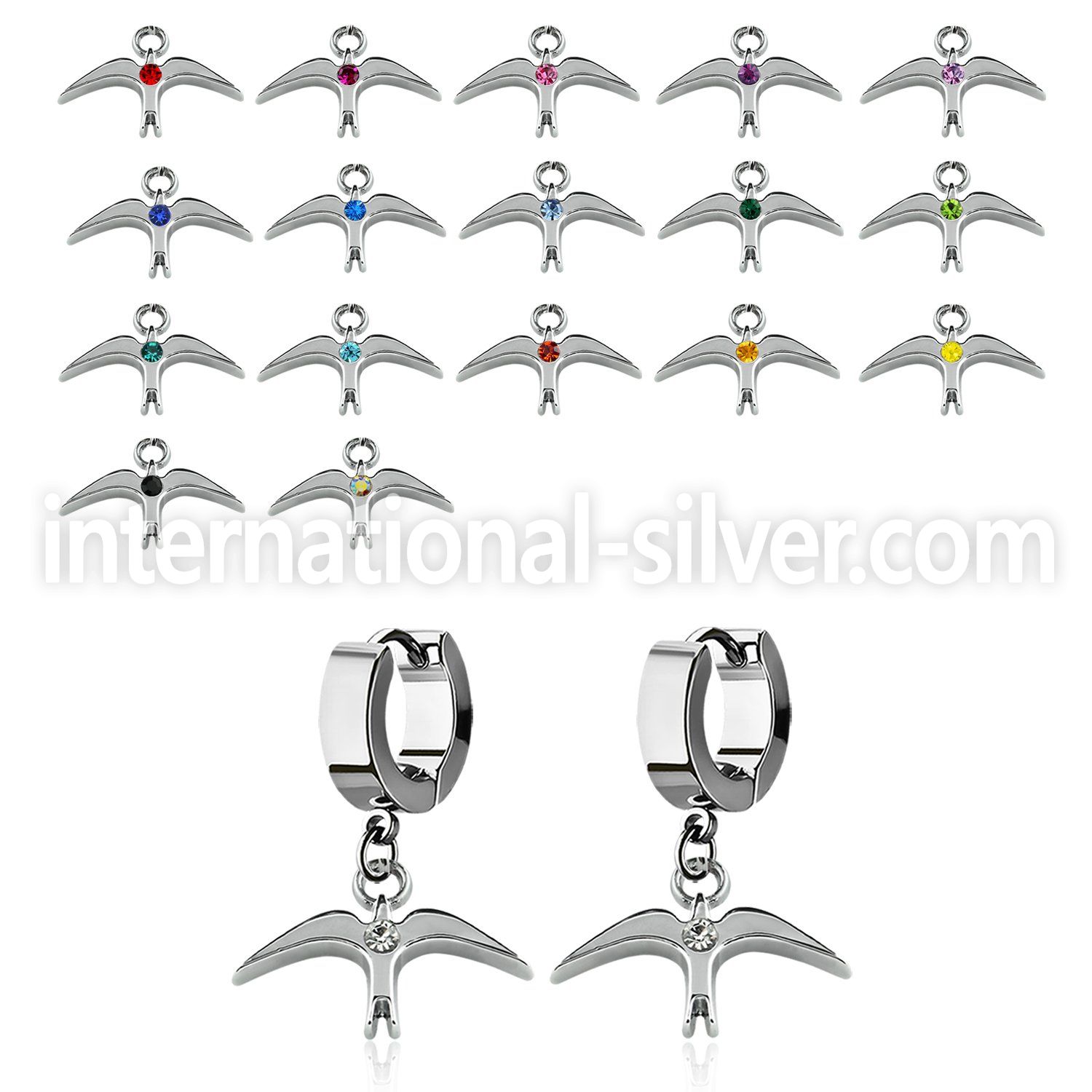 erh463 steel huggies earrings w dangling plain bird w crystal