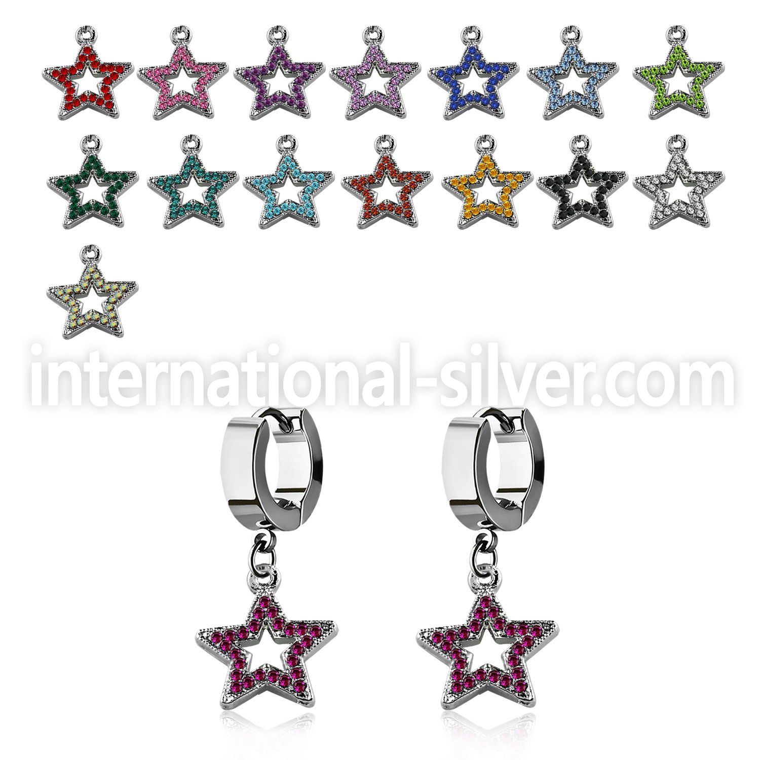 erh488 steel huggies earrings w dangling crystal studded star
