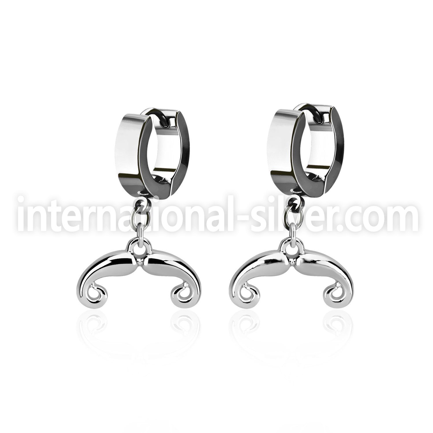 erh516 steel huggies earrings w dangling french mustache