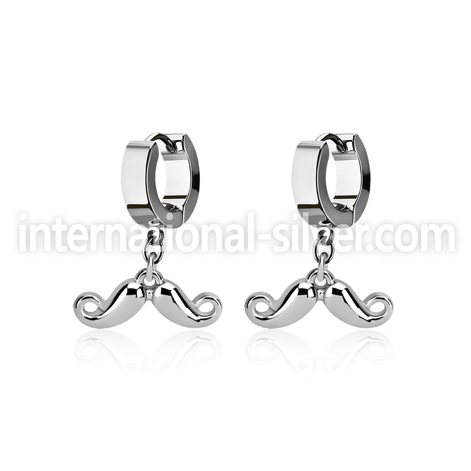 erh519 steel huggies earrings w dangling happy mustache 