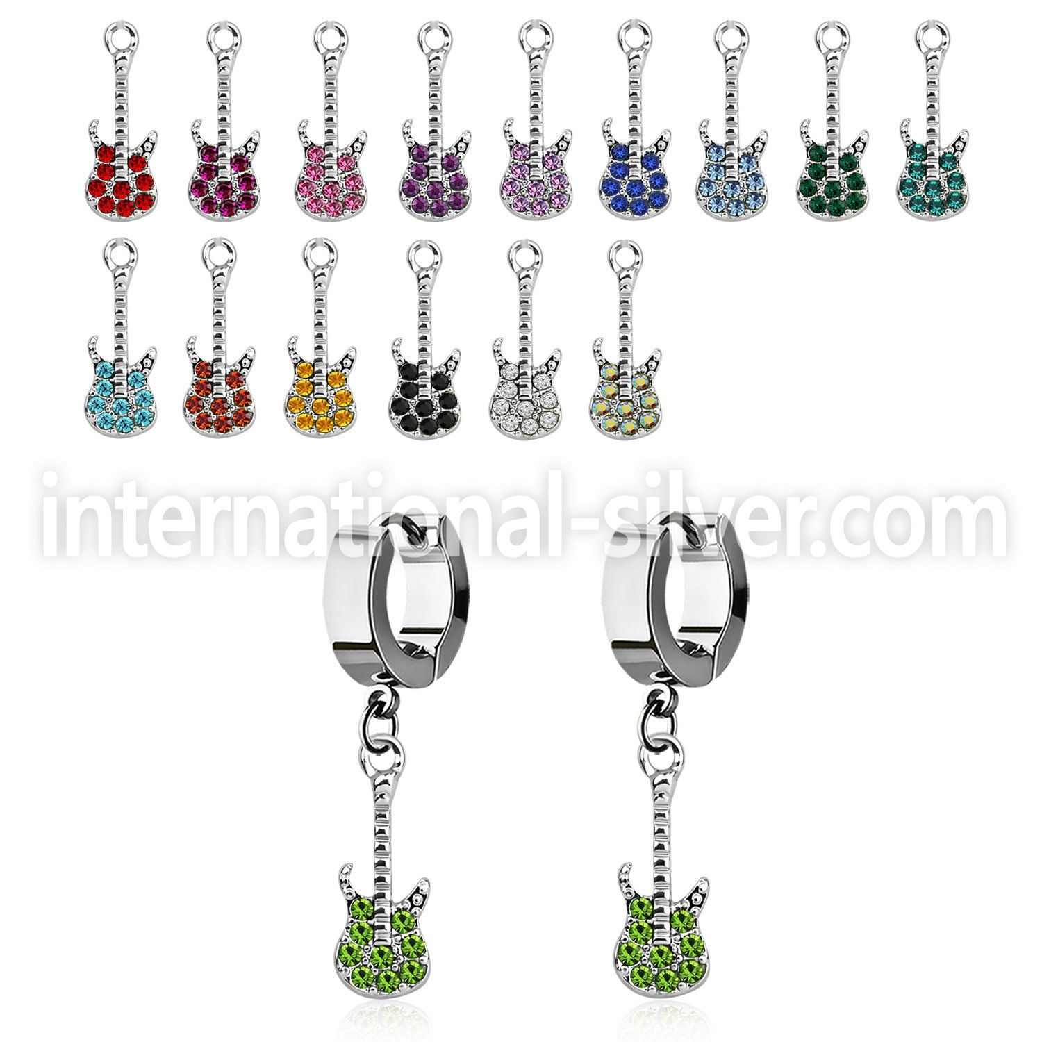erh538 steel huggies earrings w dangling small guitar