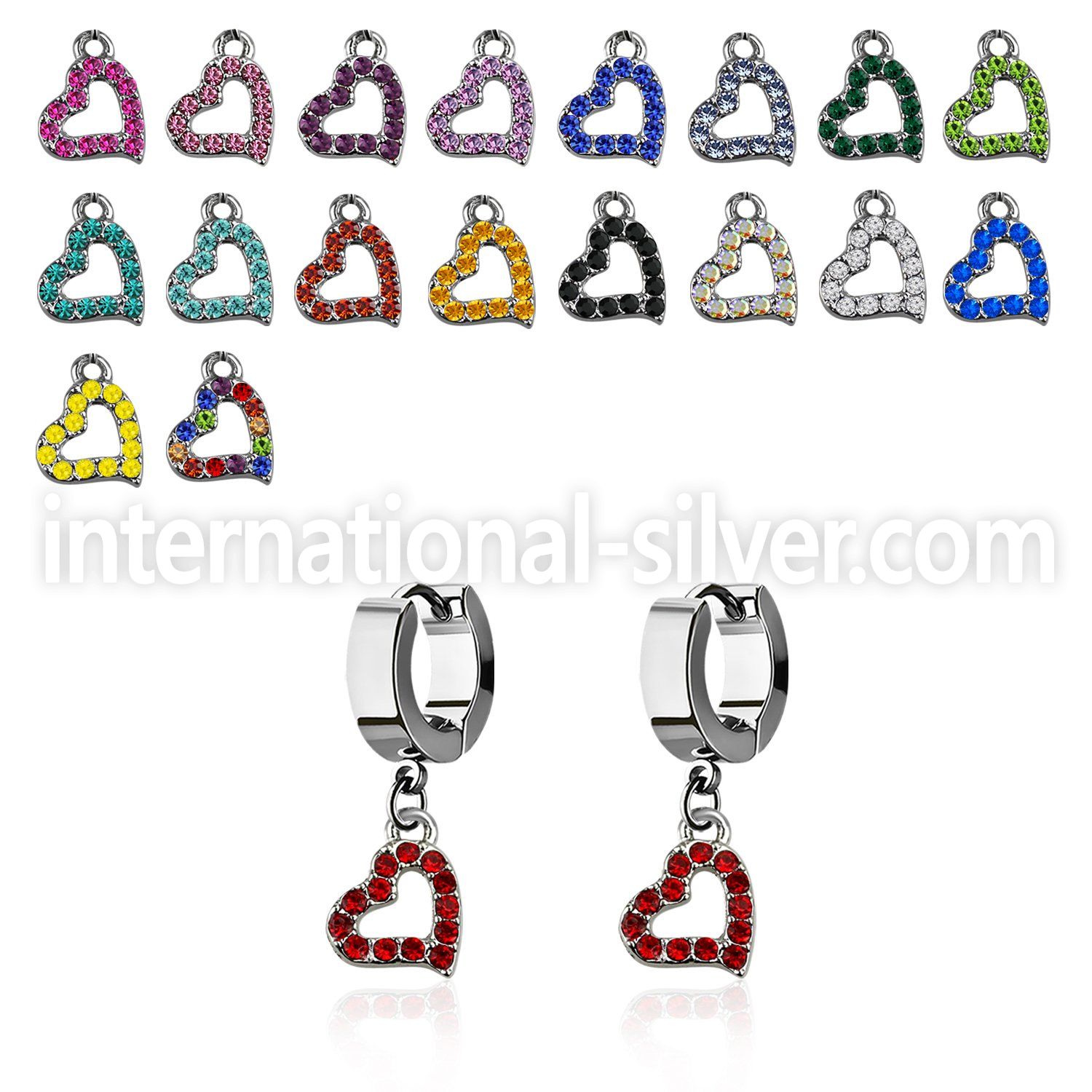 erh542 steel huggies earrings w a heart shaped crystal dangling