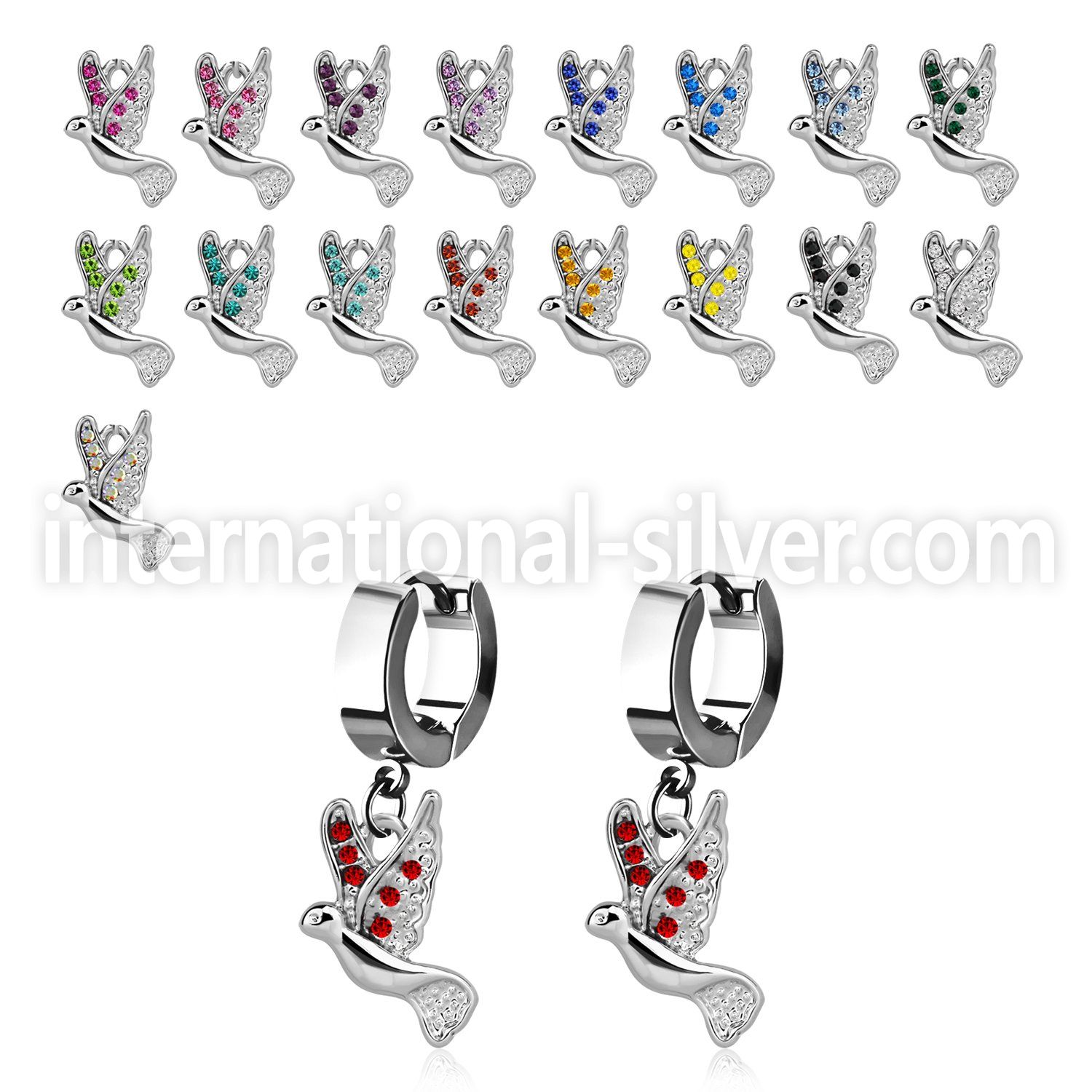 erh550 steel huggies earrings w dangling dove w tiny crystals