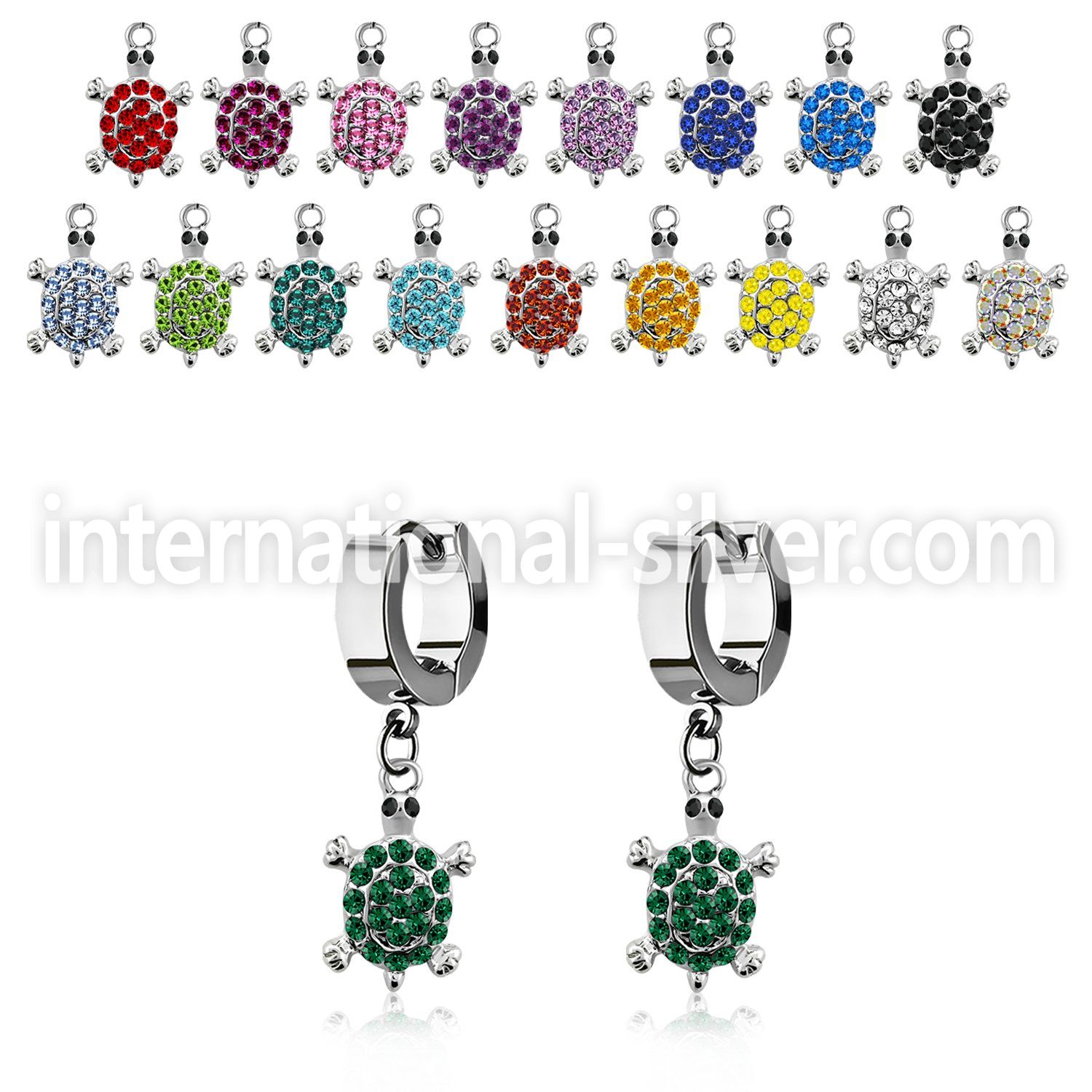 erh574 steel huggies earrings w dangling crystal turtle