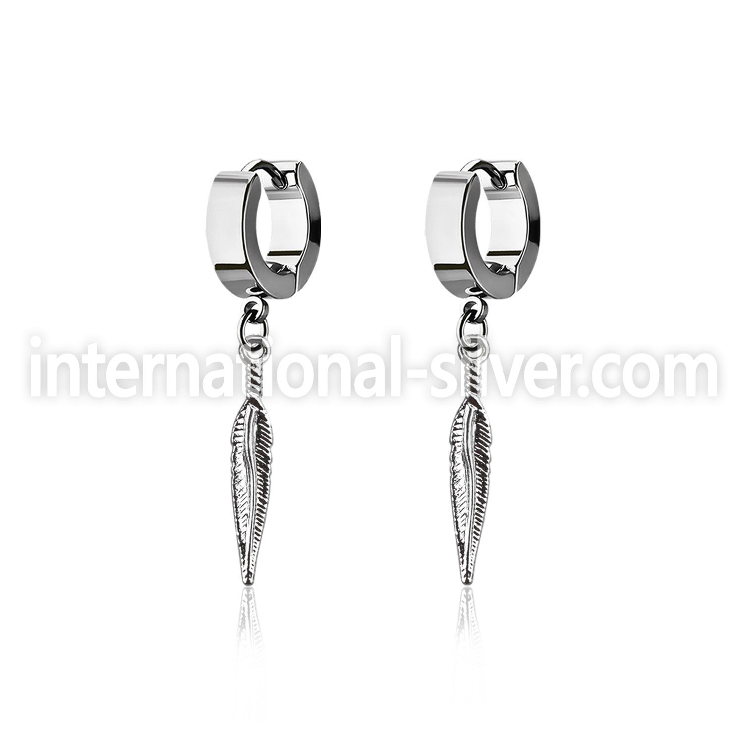 erh583 steel huggies earrings w dangling small feather