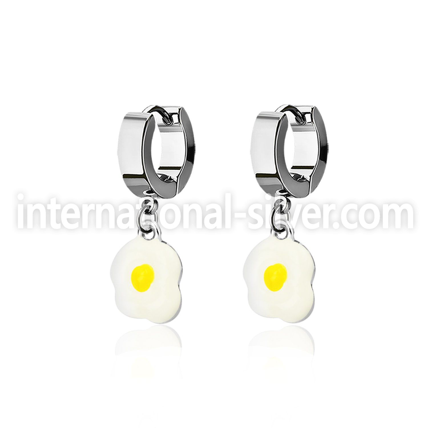 erh645a steel huggies earrings w an eggs dangling