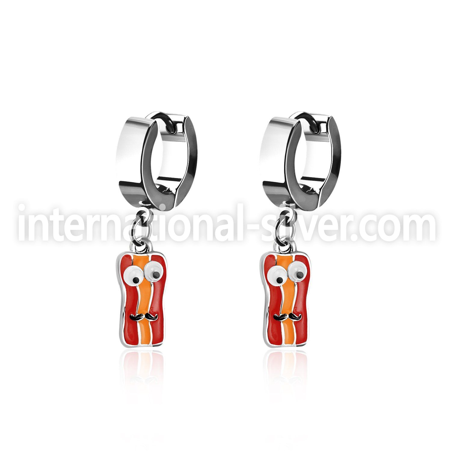erh645b steel huggies earrings w a bacon dangling