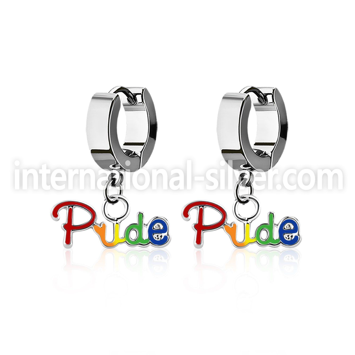erh648 steel huggies earrings w dangling gay pride slogan