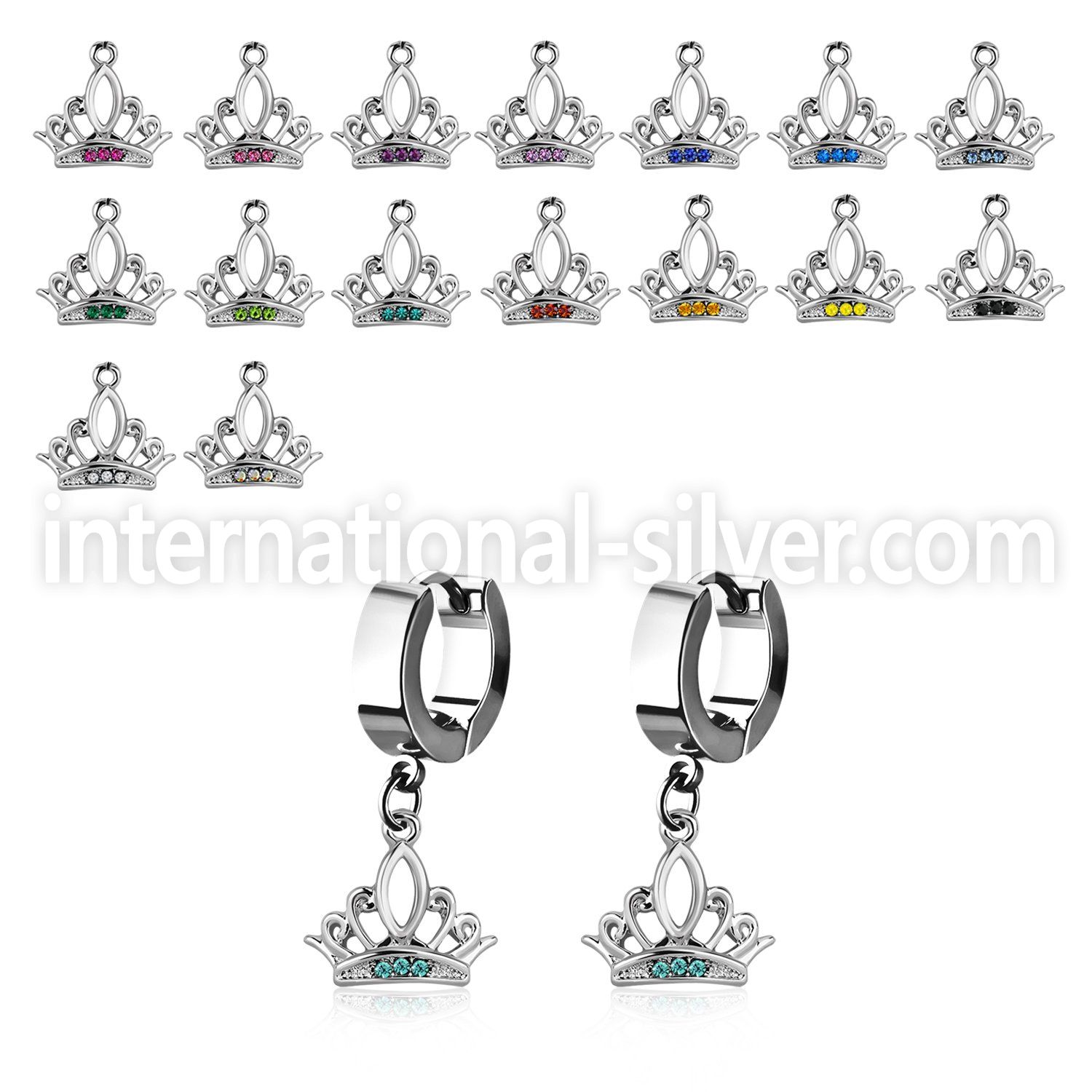 erh649 steel huggies earrings w dangling crystal studded crown