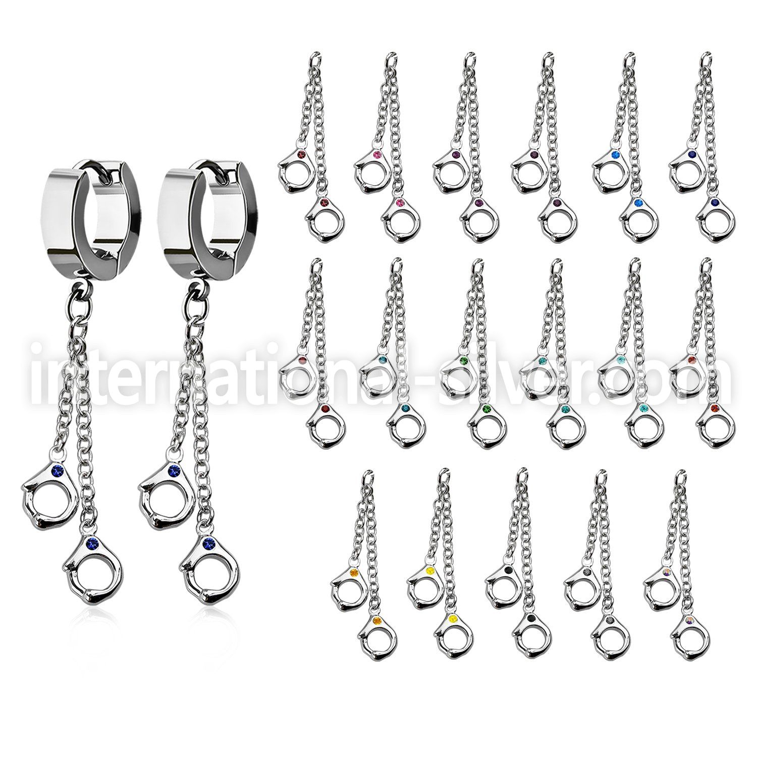 erh652s steel huggies earrings w two dangling handcuffs