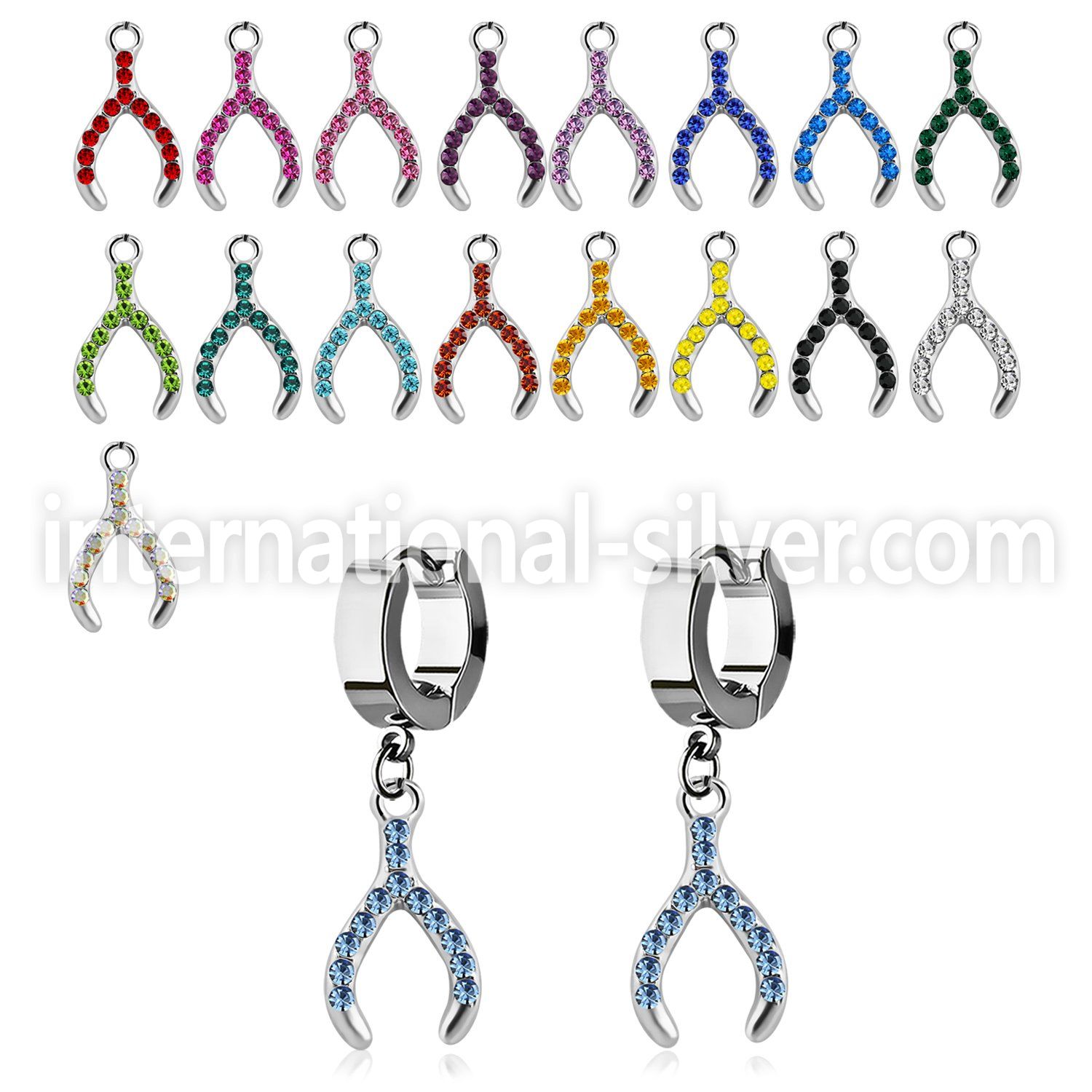 erh669 steel huggies earrings w dangling crystal wish bone