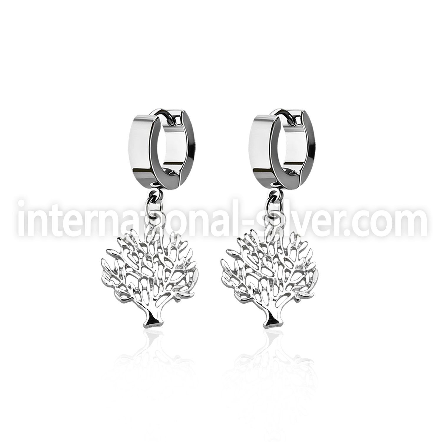 erh697 steel huggies earrings w dangling tree of life design