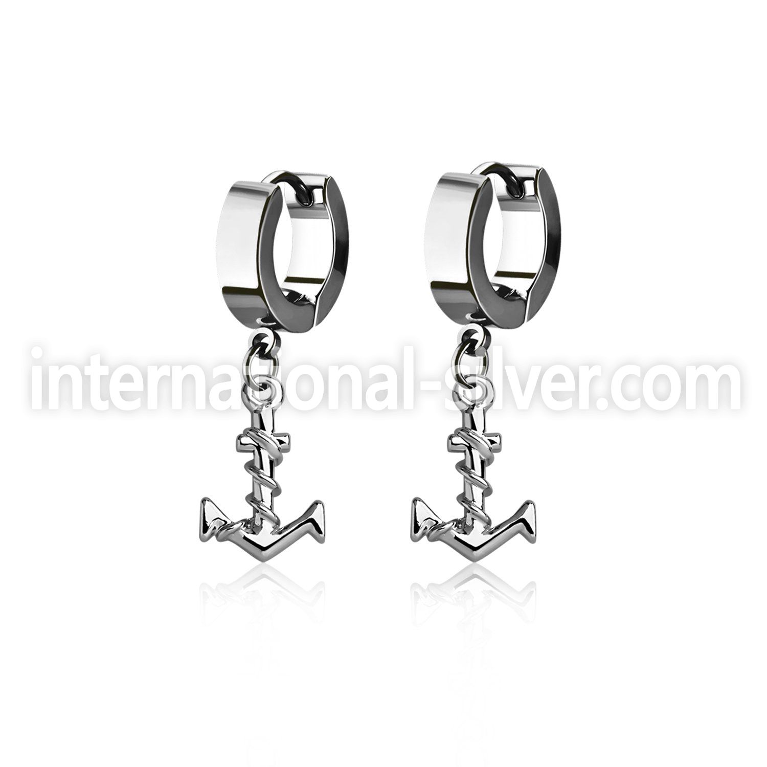erh699 steel huggies earrings w dangling plain anchor w rope