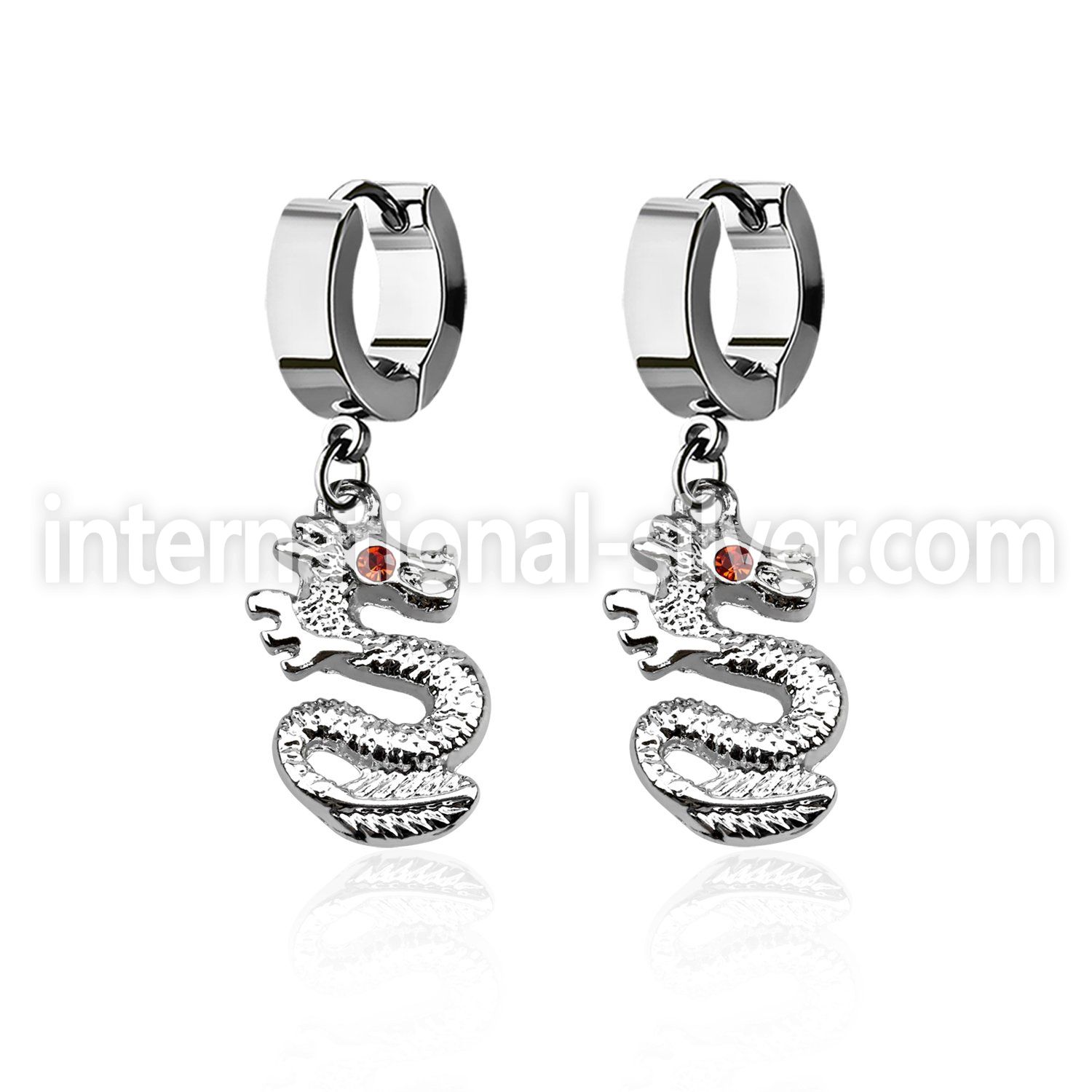 erh721 steel huggies earrings w dangling dragon w crystal eye