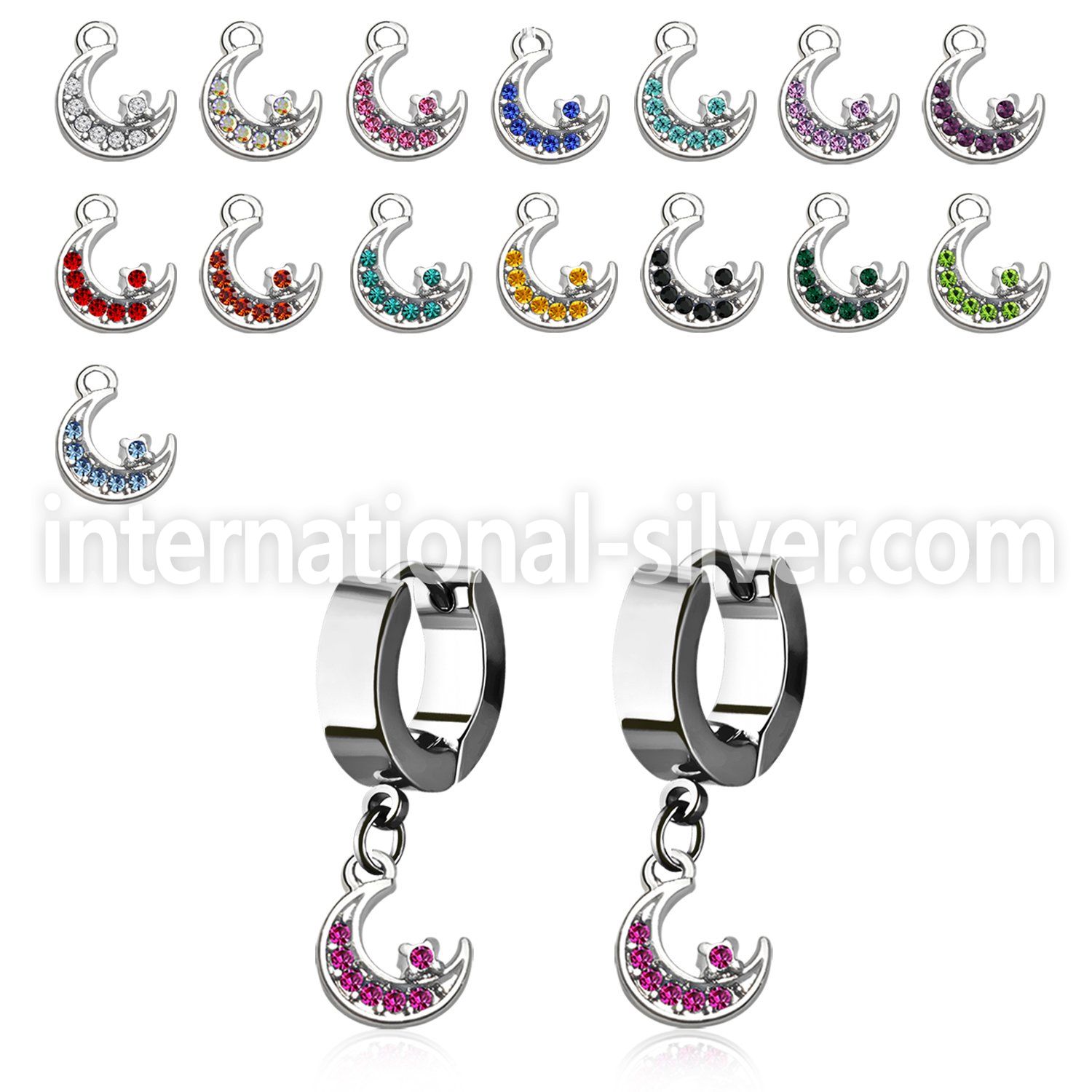 erh734 steel huggies earrings w dangling moon w crystals