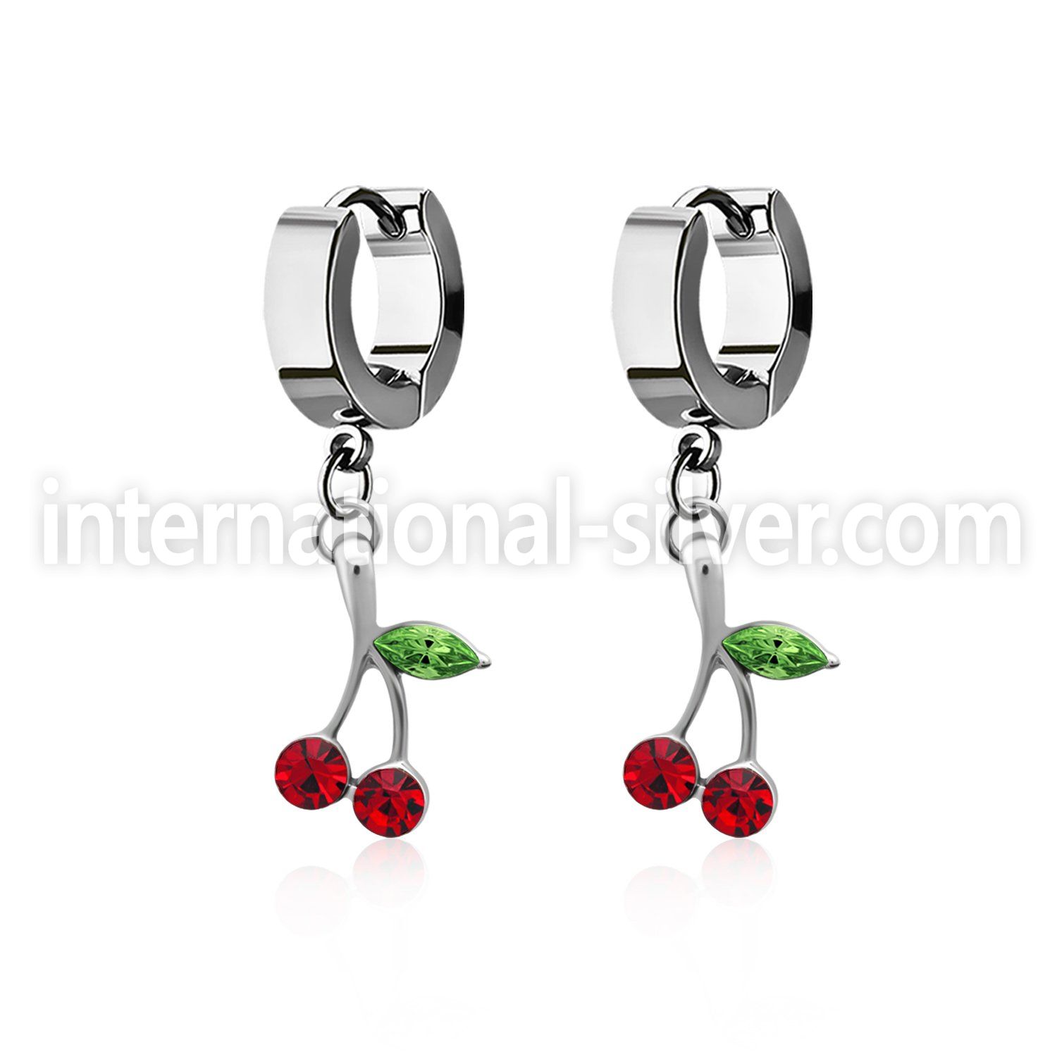 erhch10 steel huggies earrings w dangling crystal cherry design