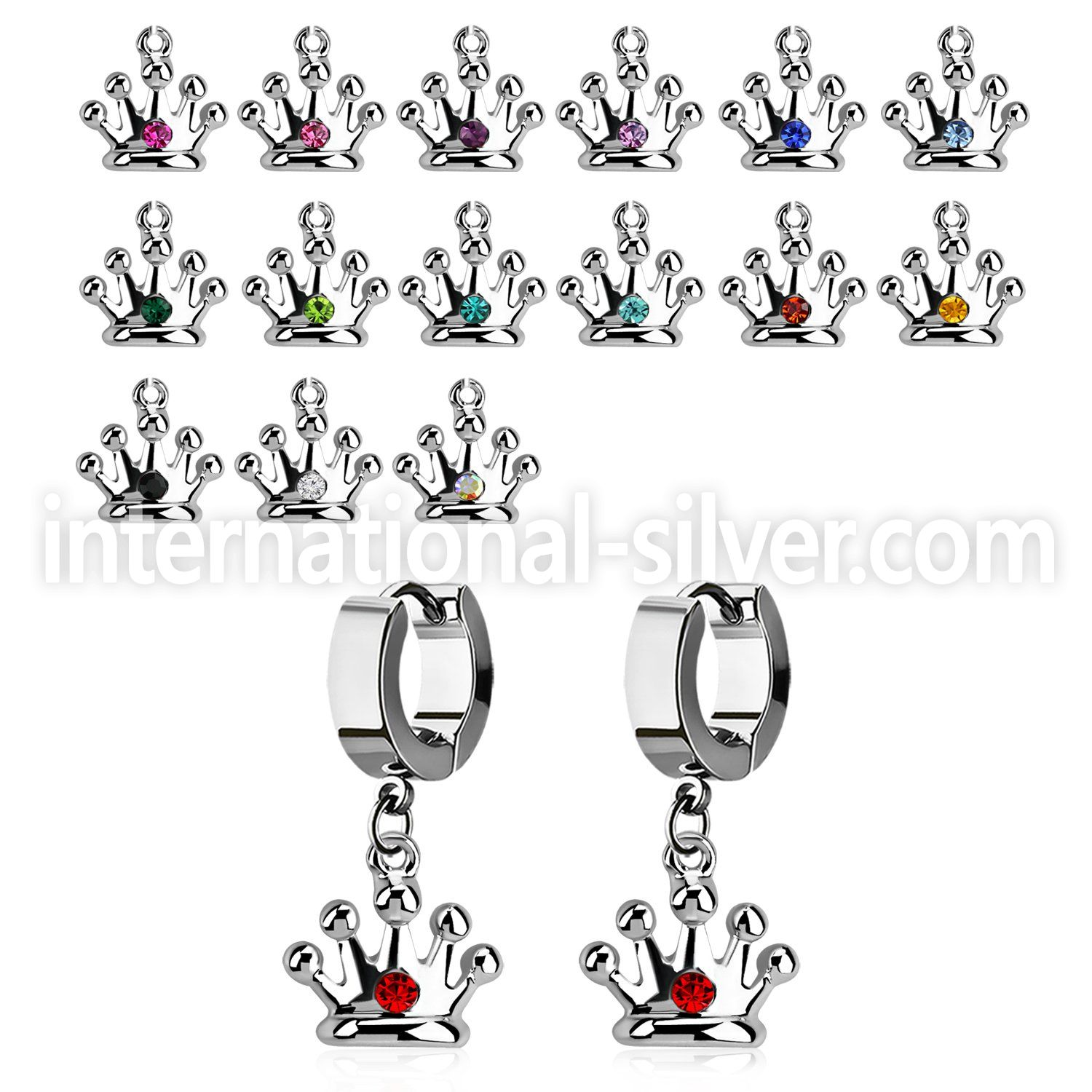 erhcr2 steel huggies earrings w dangling crown w single crystal