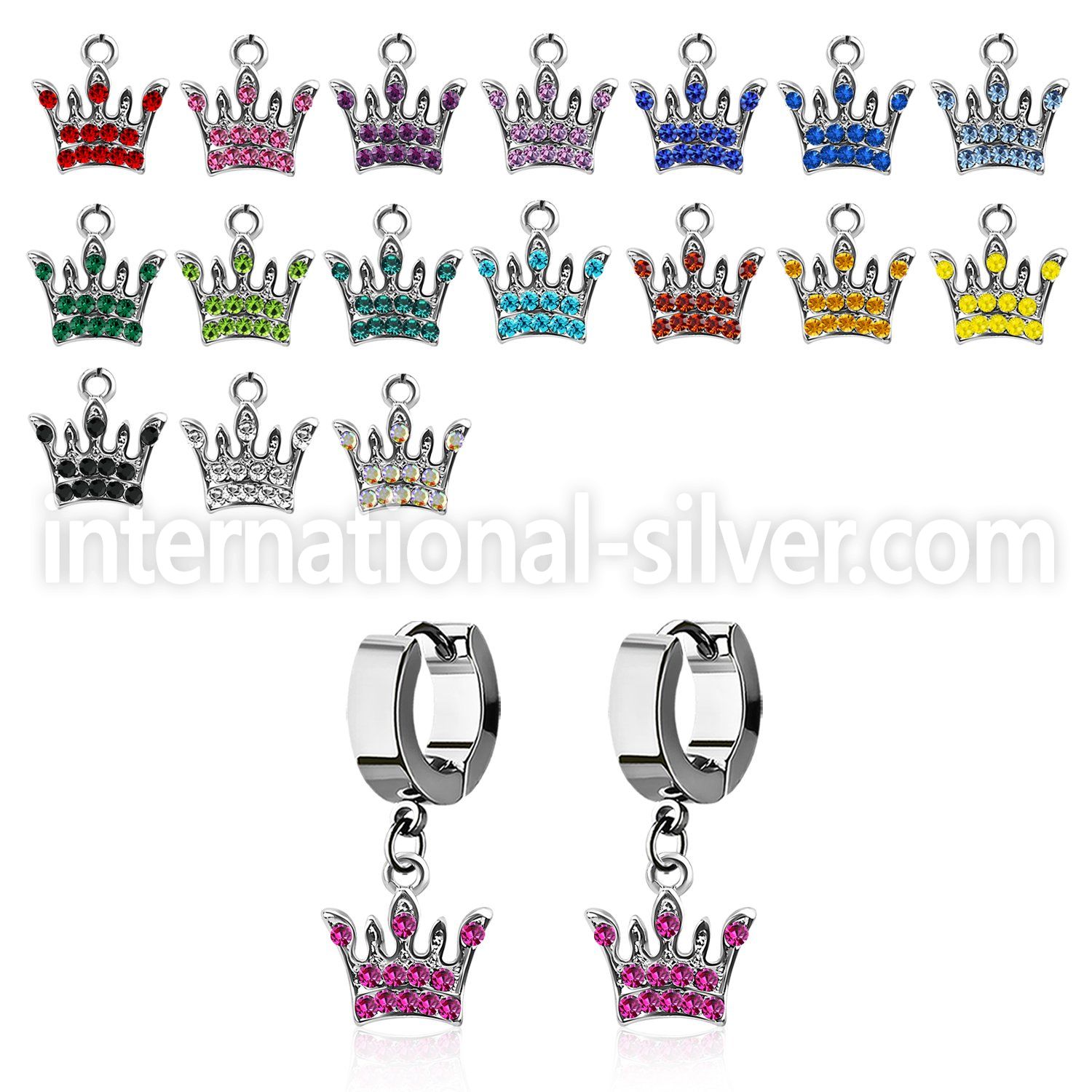 erhcr4 steel huggies earrings w dangling crystal studded crown