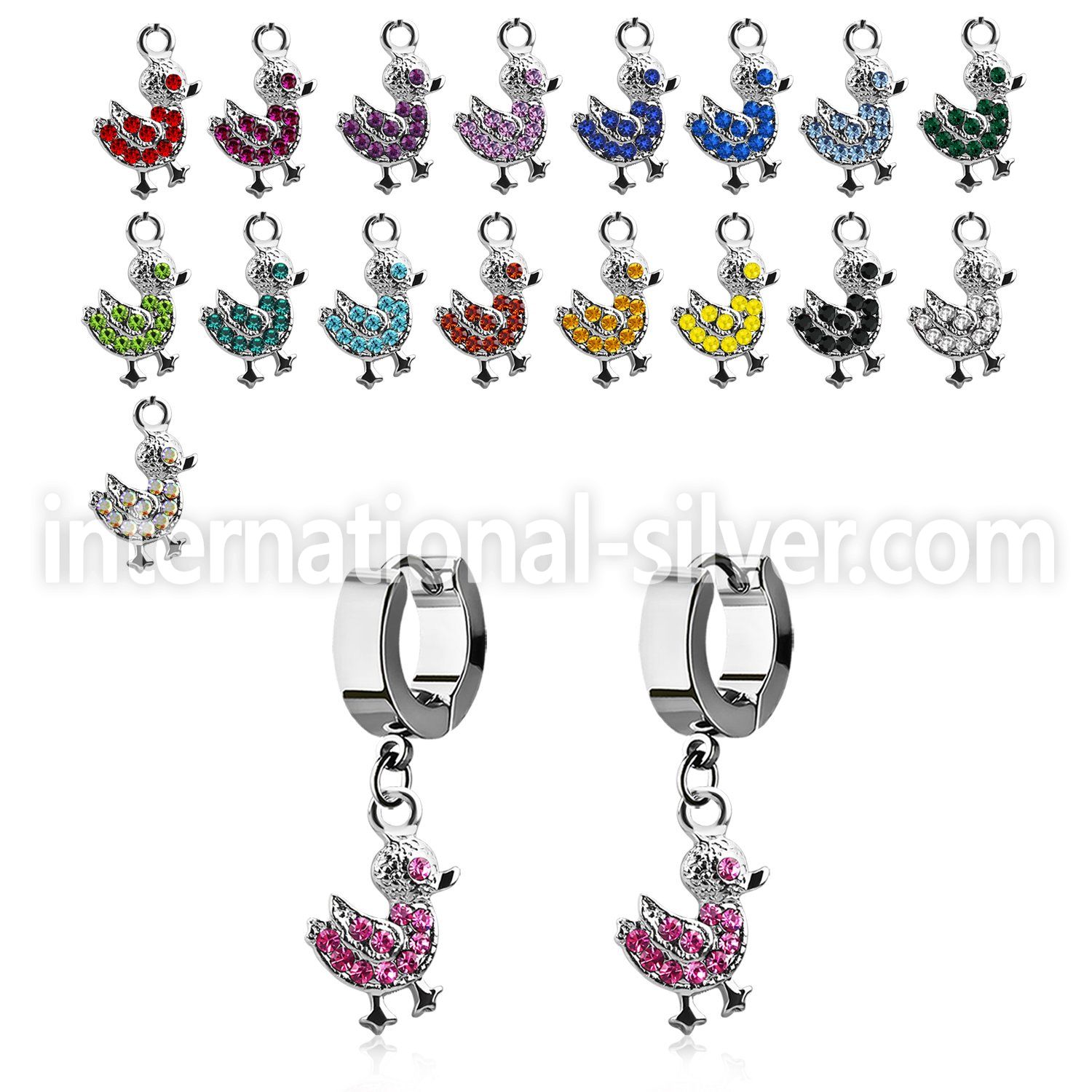 erhdk2 steel huggies earrings w dangling crystal duck 