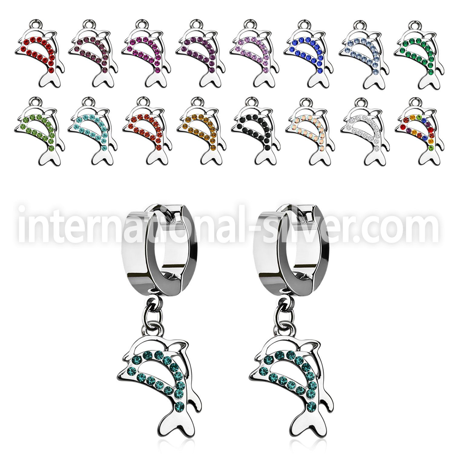 erhdp17 steel huggies earrings w dangling crystal twin dolphins