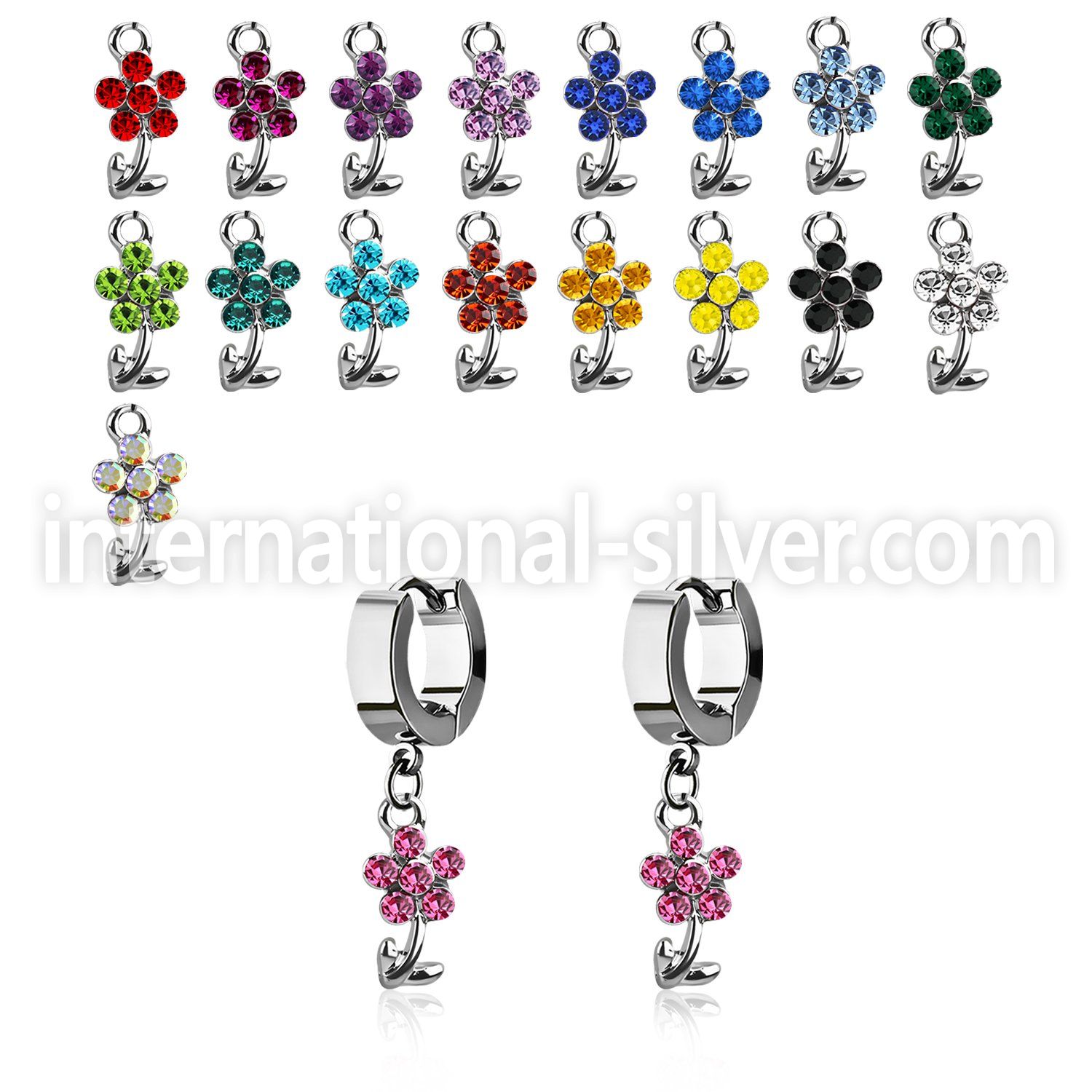 erhfl15 steel huggies earrings w dangling crystal flower