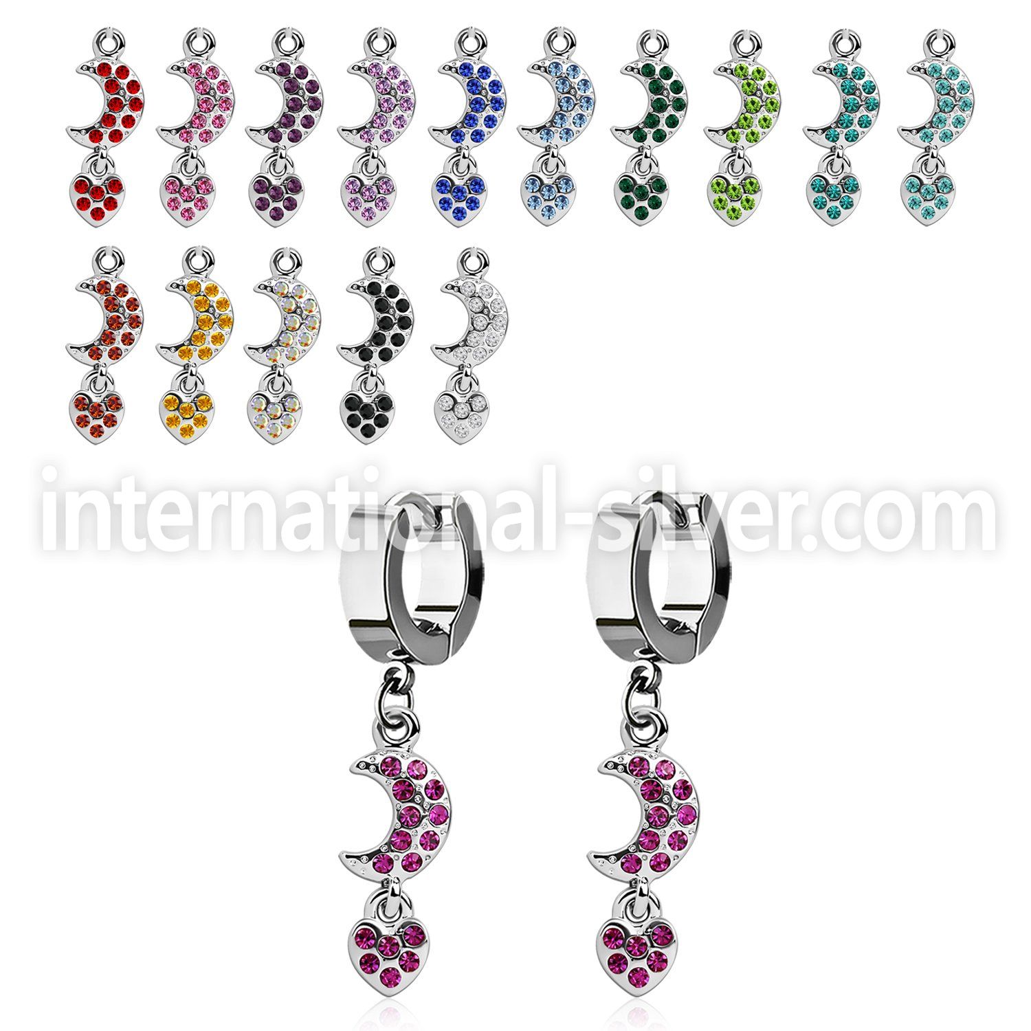 erhmh steel huggies earrings w dangling moon w heart