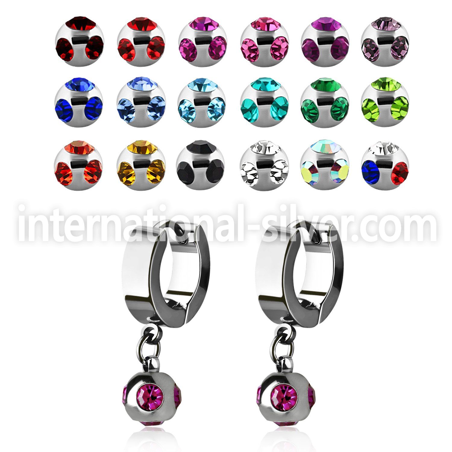 erhmj6 steel huggies earrings w dangling 6mm multi jewel balls