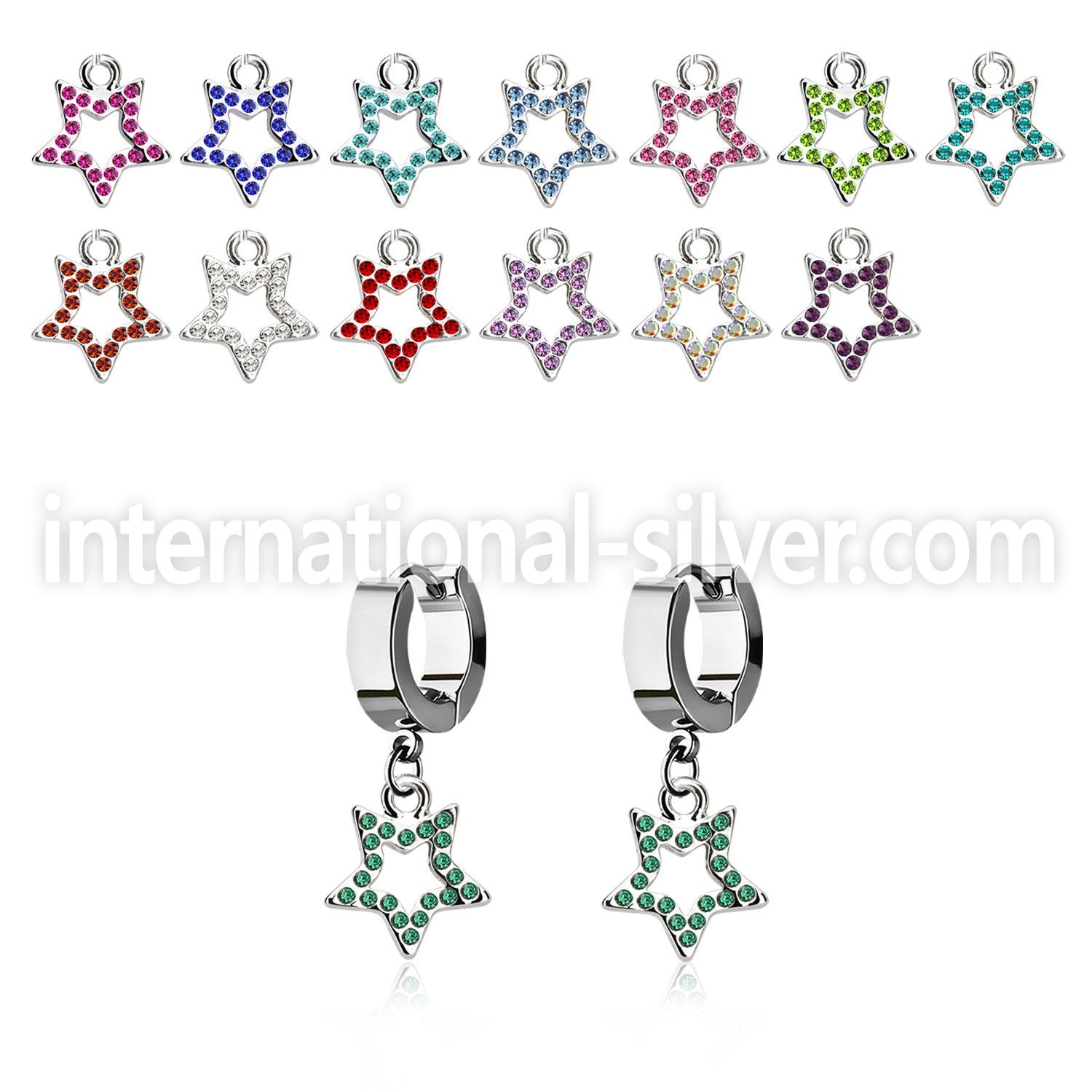 erhsar5 steel huggies earrings w dangling crystal star shape