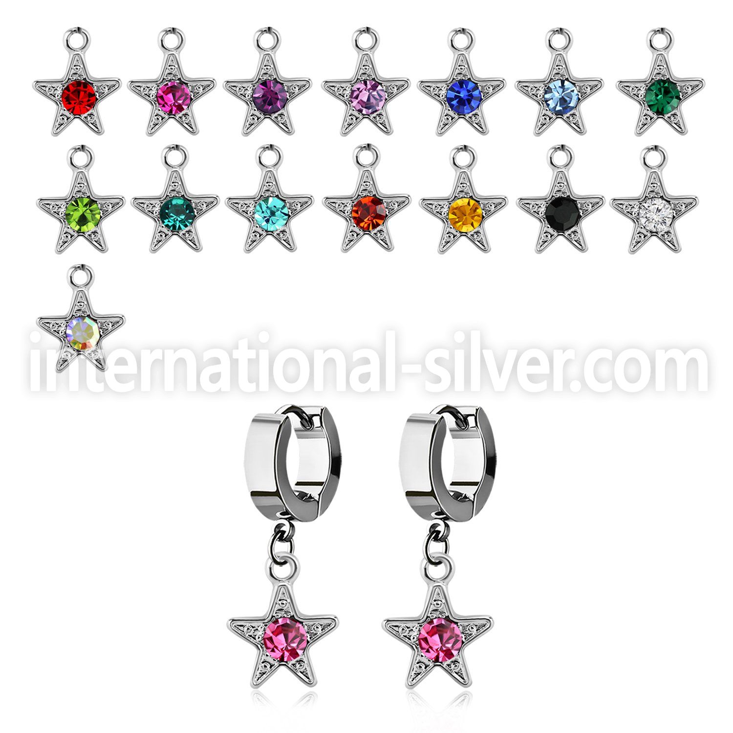 erhsar steel huggies earrings w dangling star w central crystal