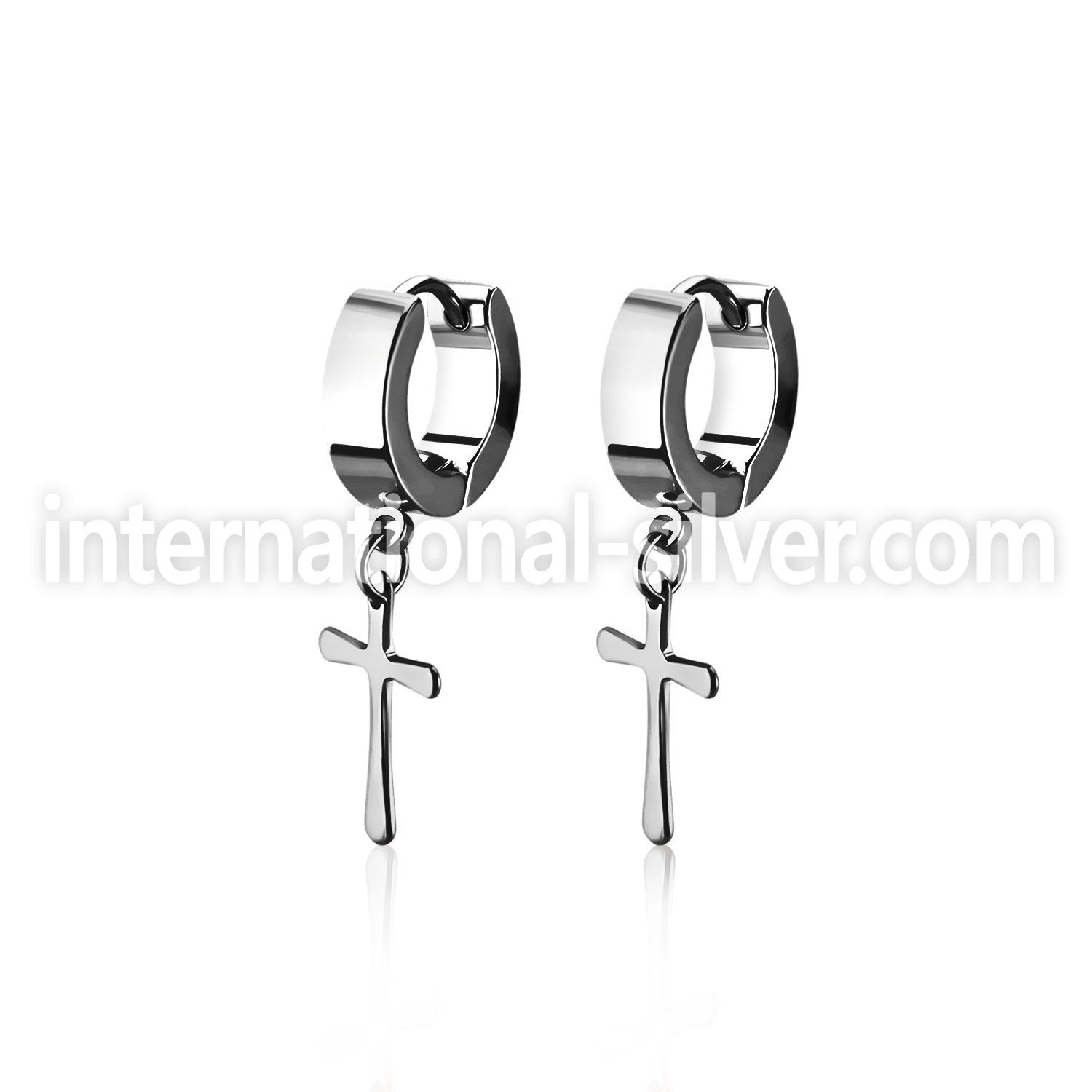 erhscrs steel huggies earrings w dangling small steel cross