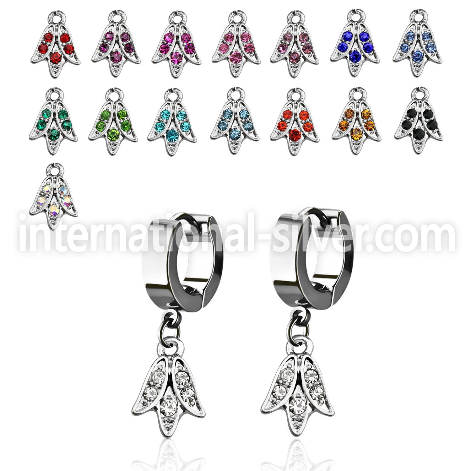 erhtu1 steel huggies earrings w dangling crystal tulip flower