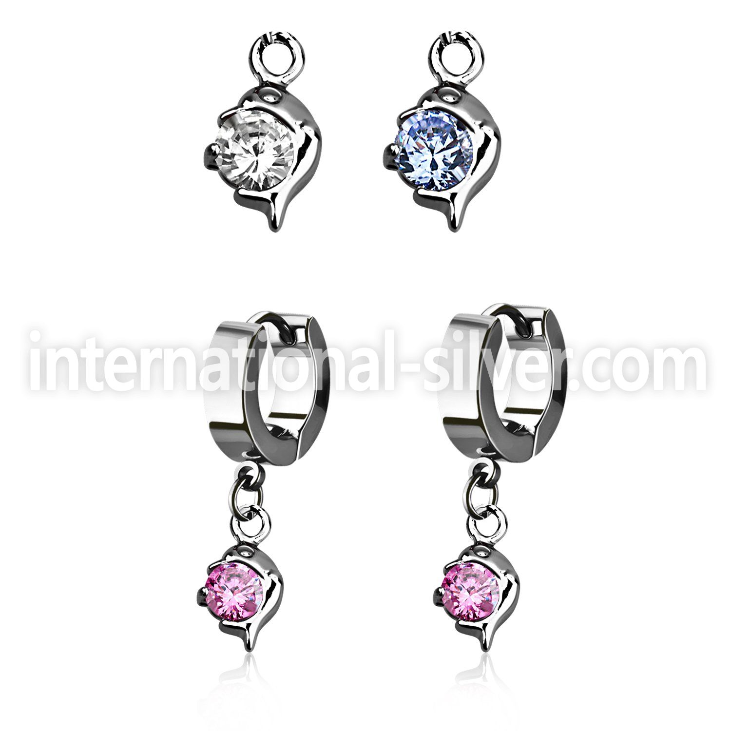 erhz10 steel huggies earrings w dangling small dolphin w cz