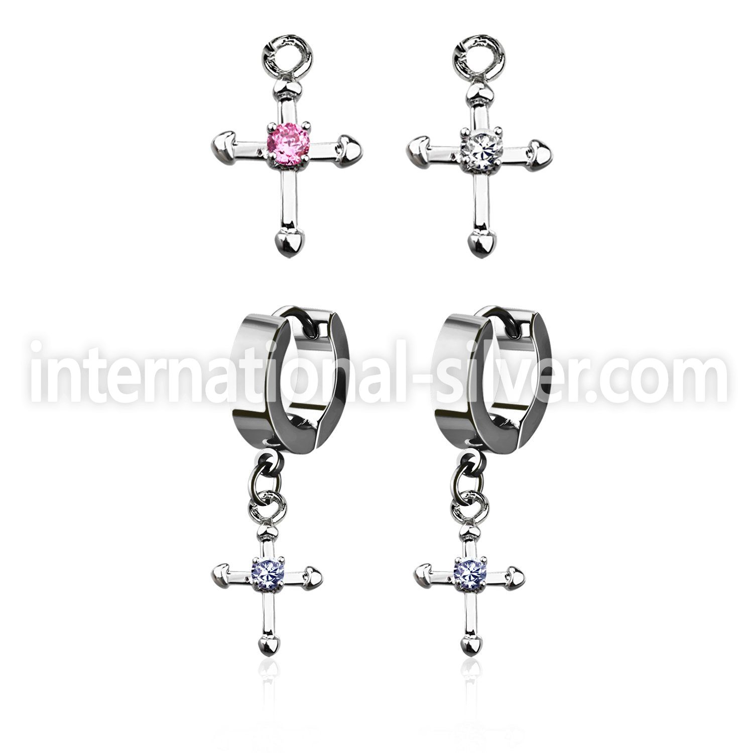 erhz14s steel huggies earrings w small dangling cross w tiny cz