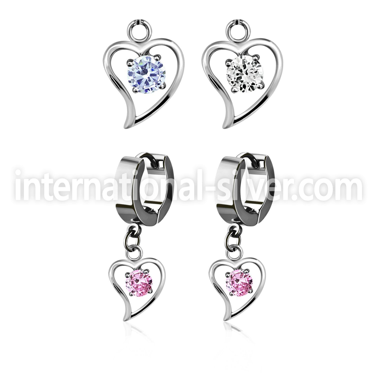 erhz17 steel huggies earrings w round cz inside heart dangling