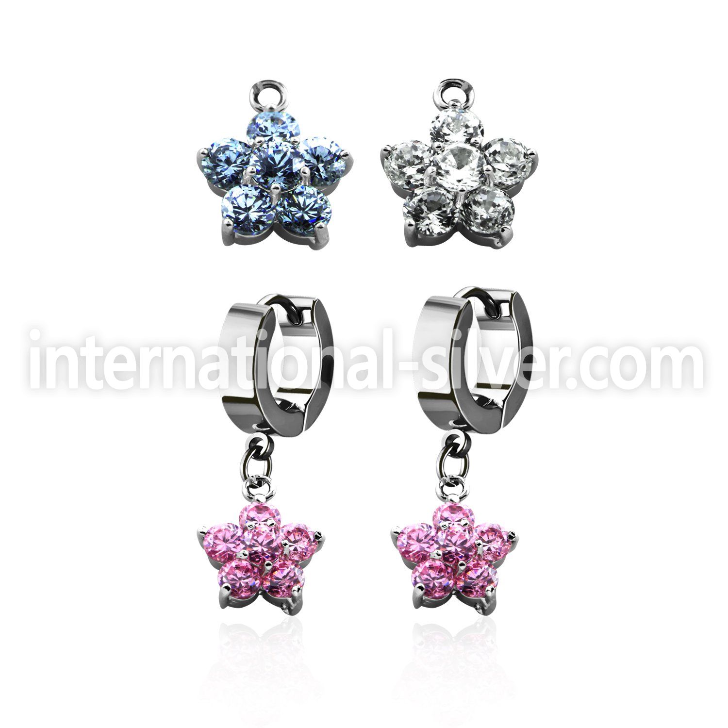 erhz293 steel huggies earrings w dangling cz flower design