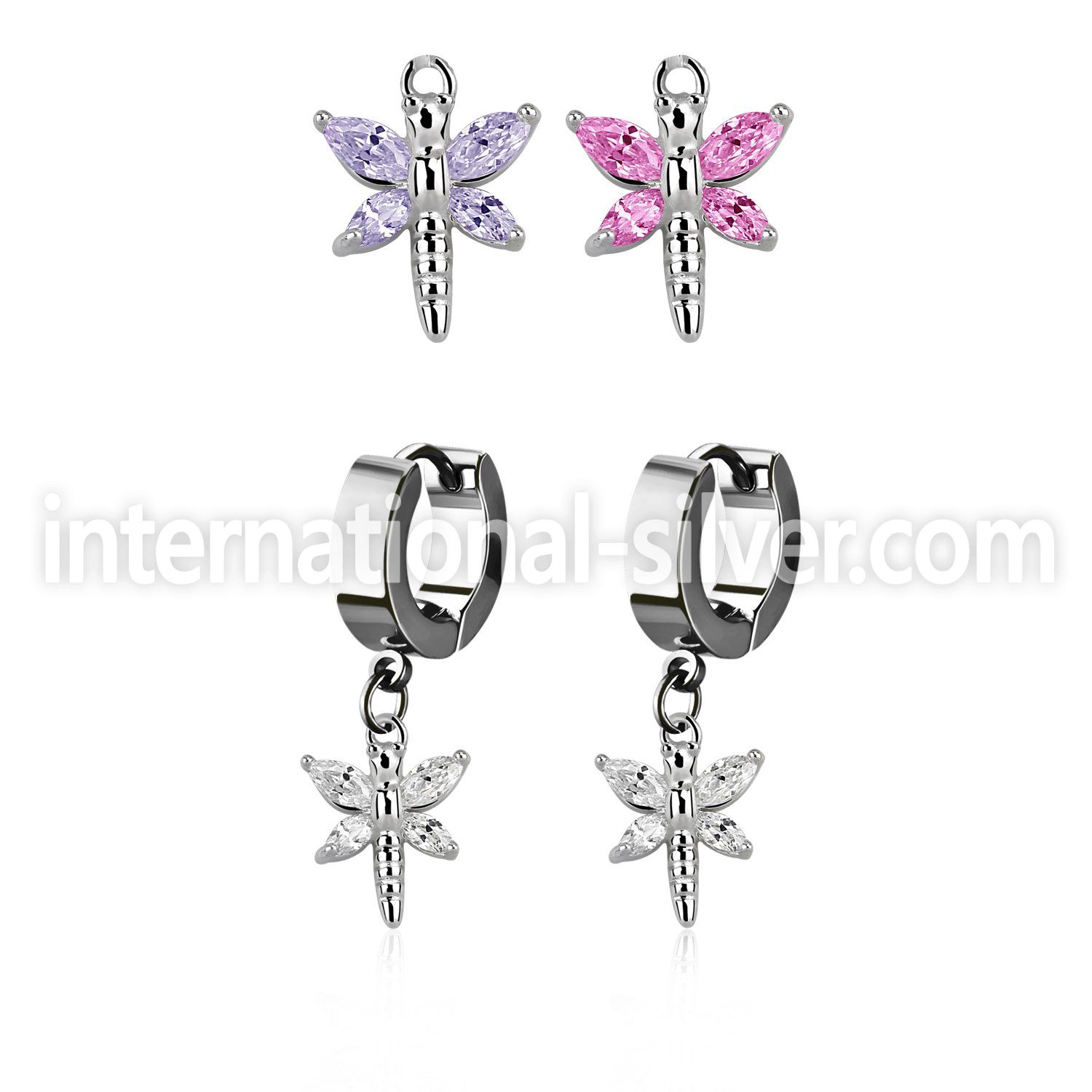 erhz349 steel huggies earrings w dangling dragonfly w cz wings