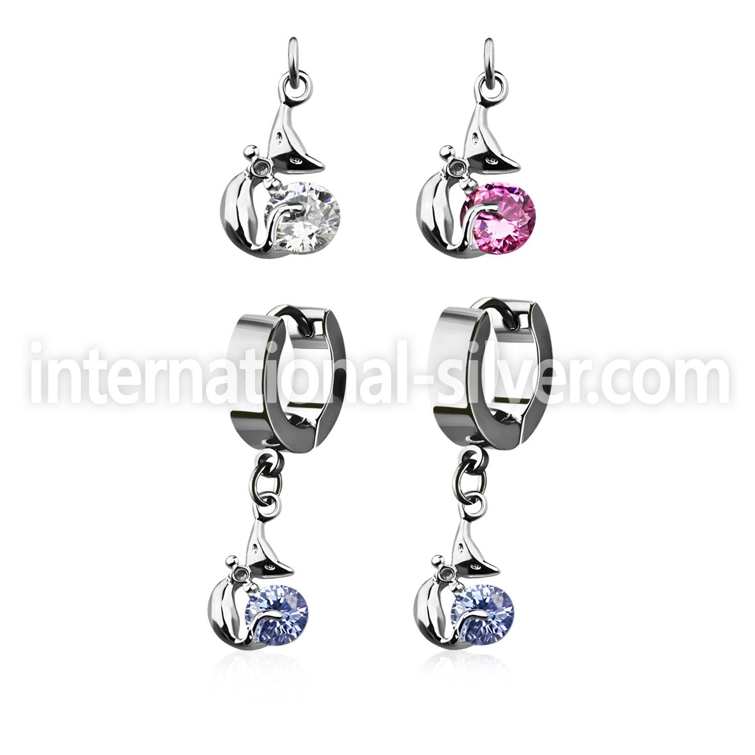 erhz378 steel huggies earrings w dangling lady cat design w cz