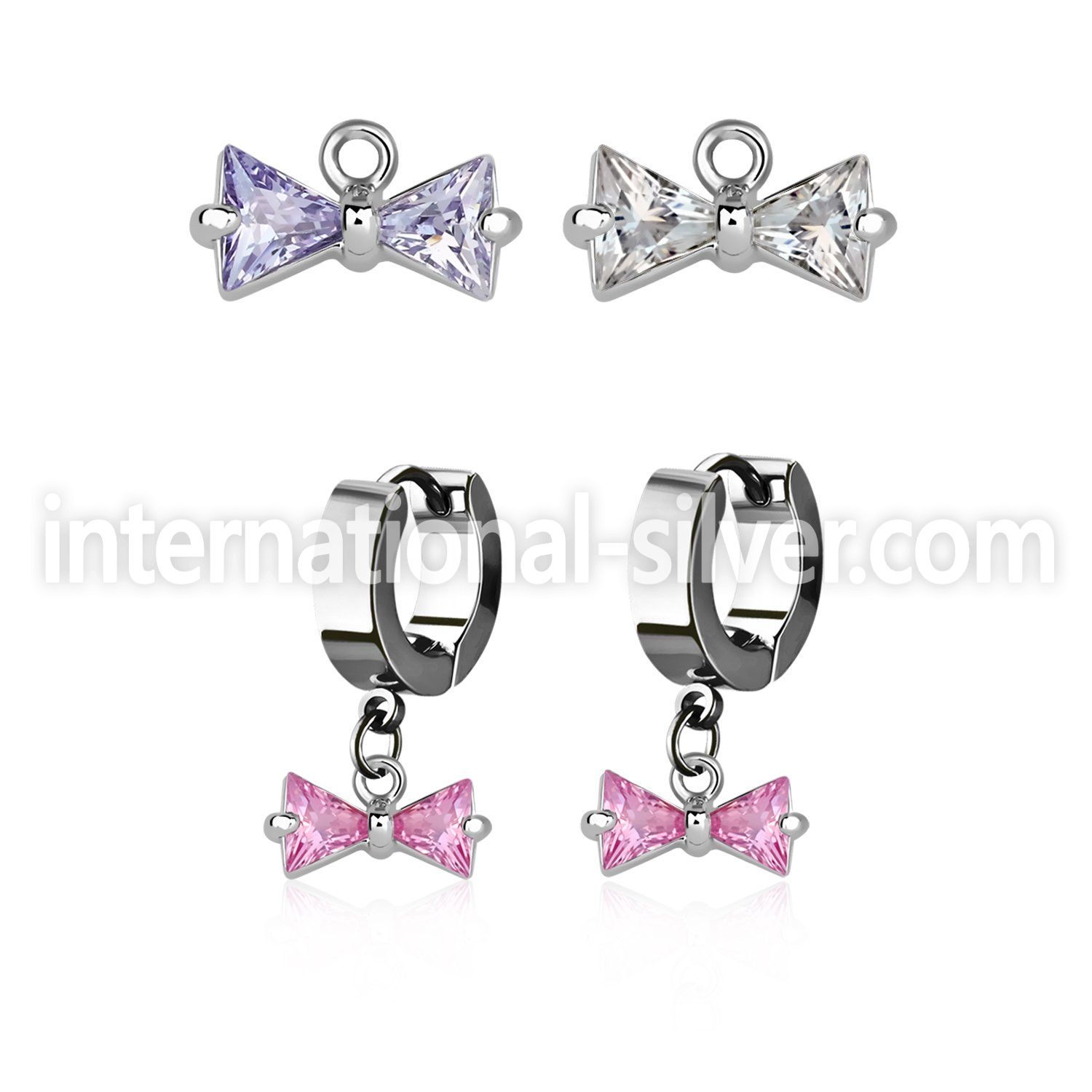 erhz408 steel huggies earrings w dangling prong set cz bow