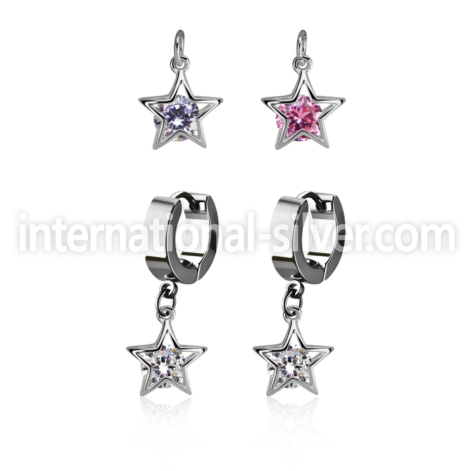 erhz414 steel huggies earrings w dangling star shape w round cz