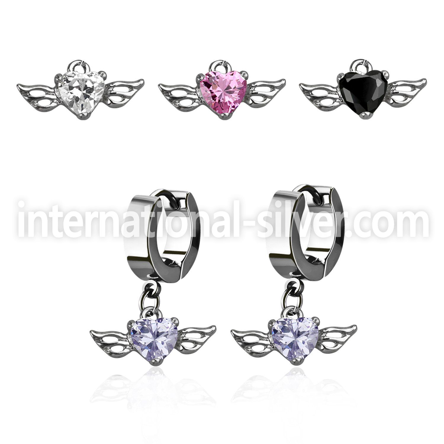 erhz586 steel huggies earrings w dangling heart shaped cz w wing