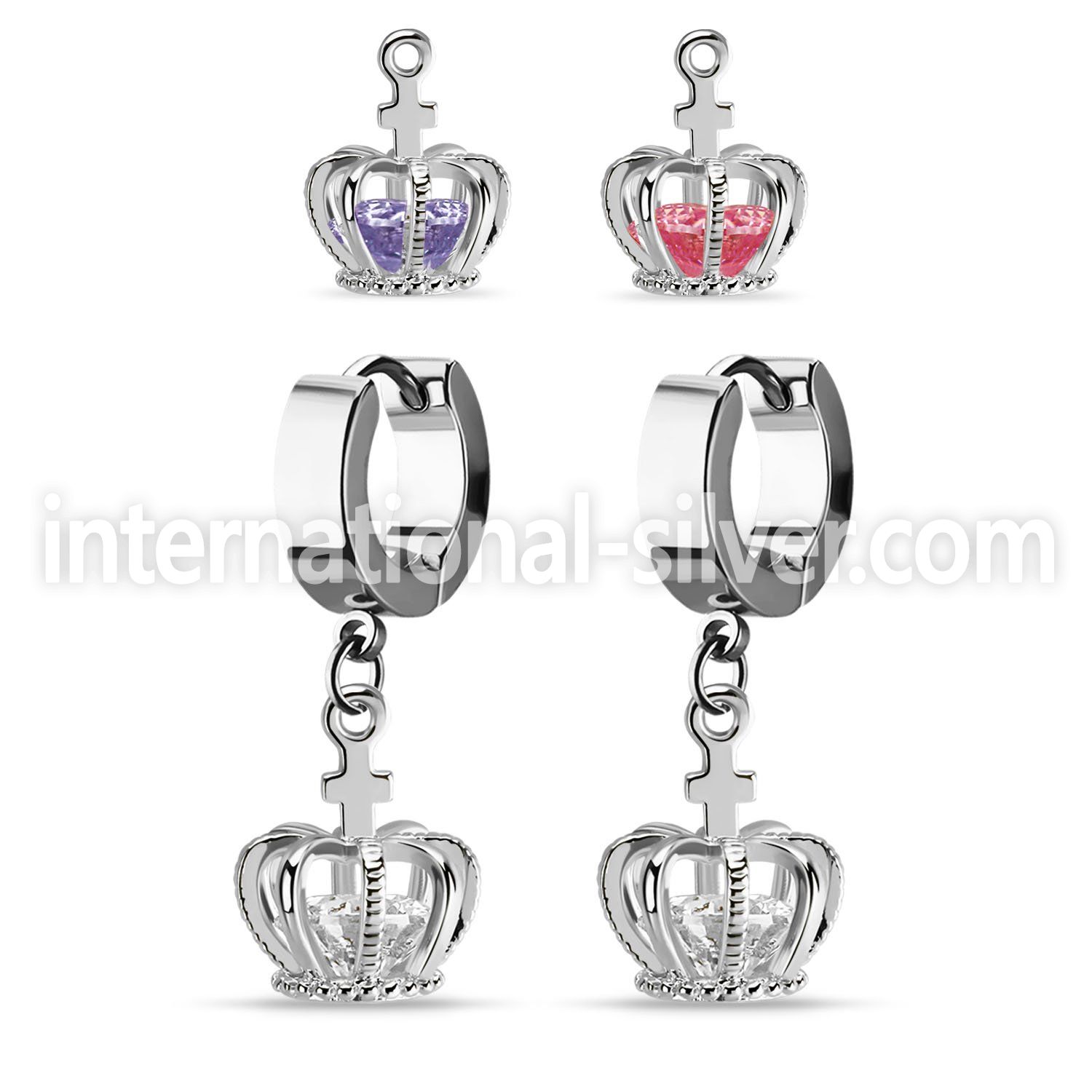 erhz590 stainless steel huggie w dangling crown w cz