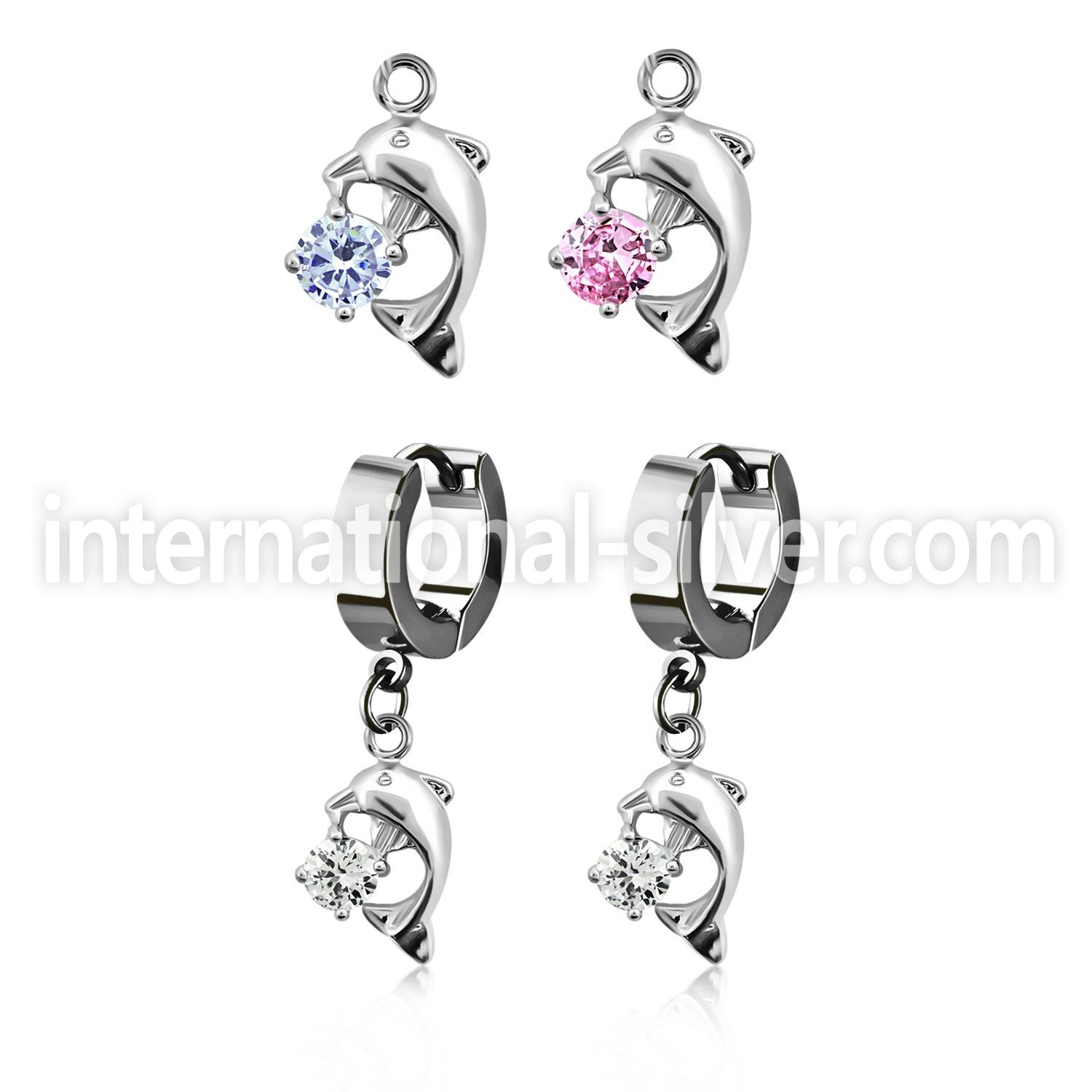 erhz7 steel huggies earrings w dangling dolphin w round cz