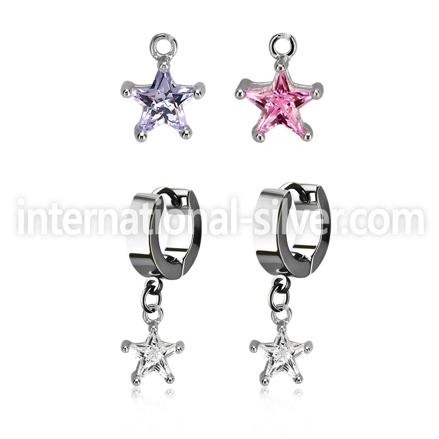 erhzs6 steel huggies earrings w dangling 6mm star shaped cz