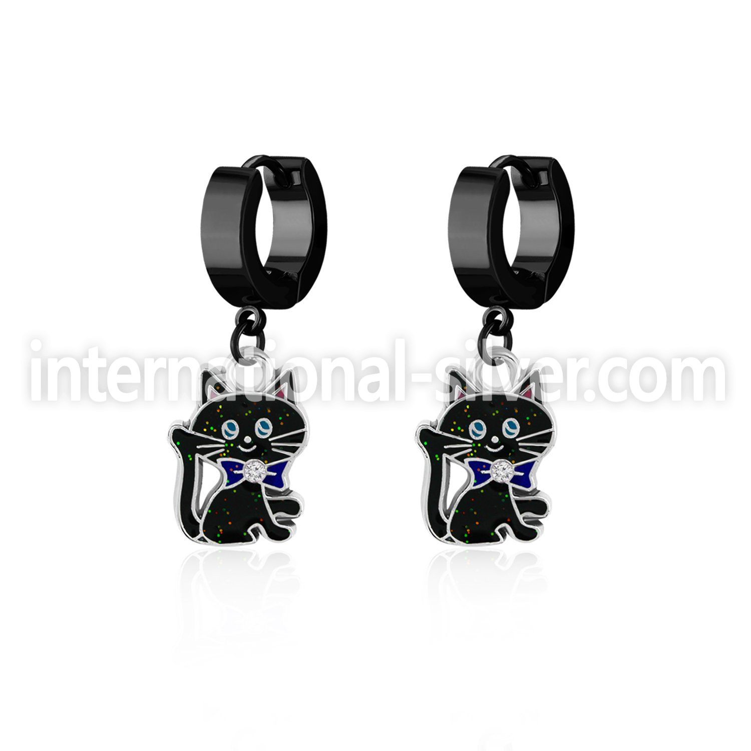 erk503 black steel huggies earrings w dangling black cat design