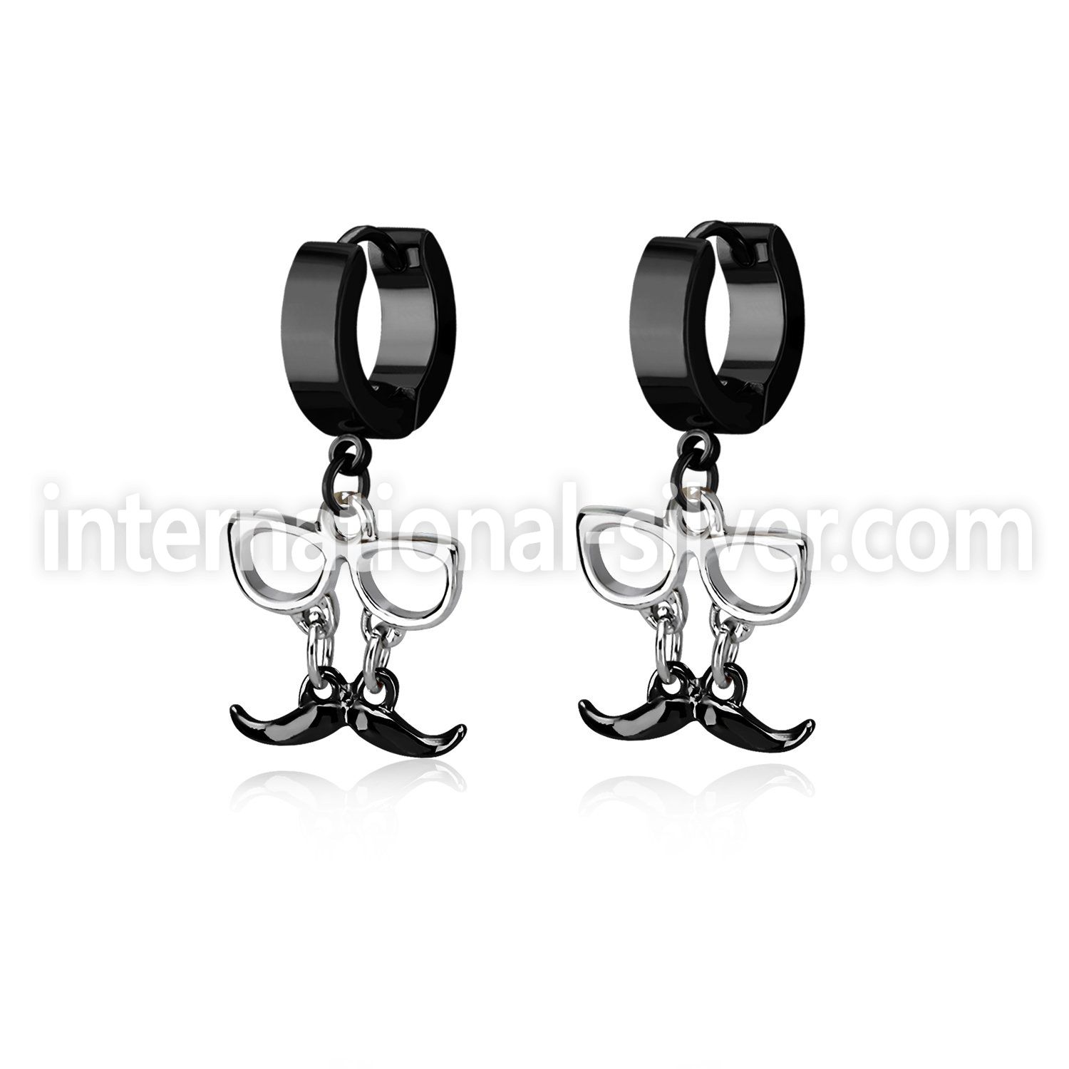 erk507 black steel huggies earrings w dangling black mustache