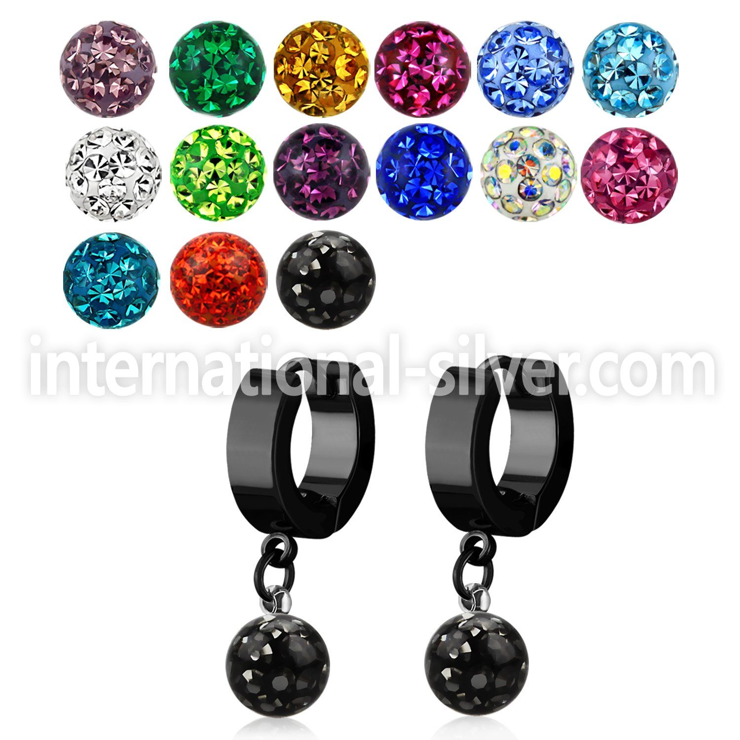 erkfr8 black steel huggies w dangling 8mm multi crystal ball